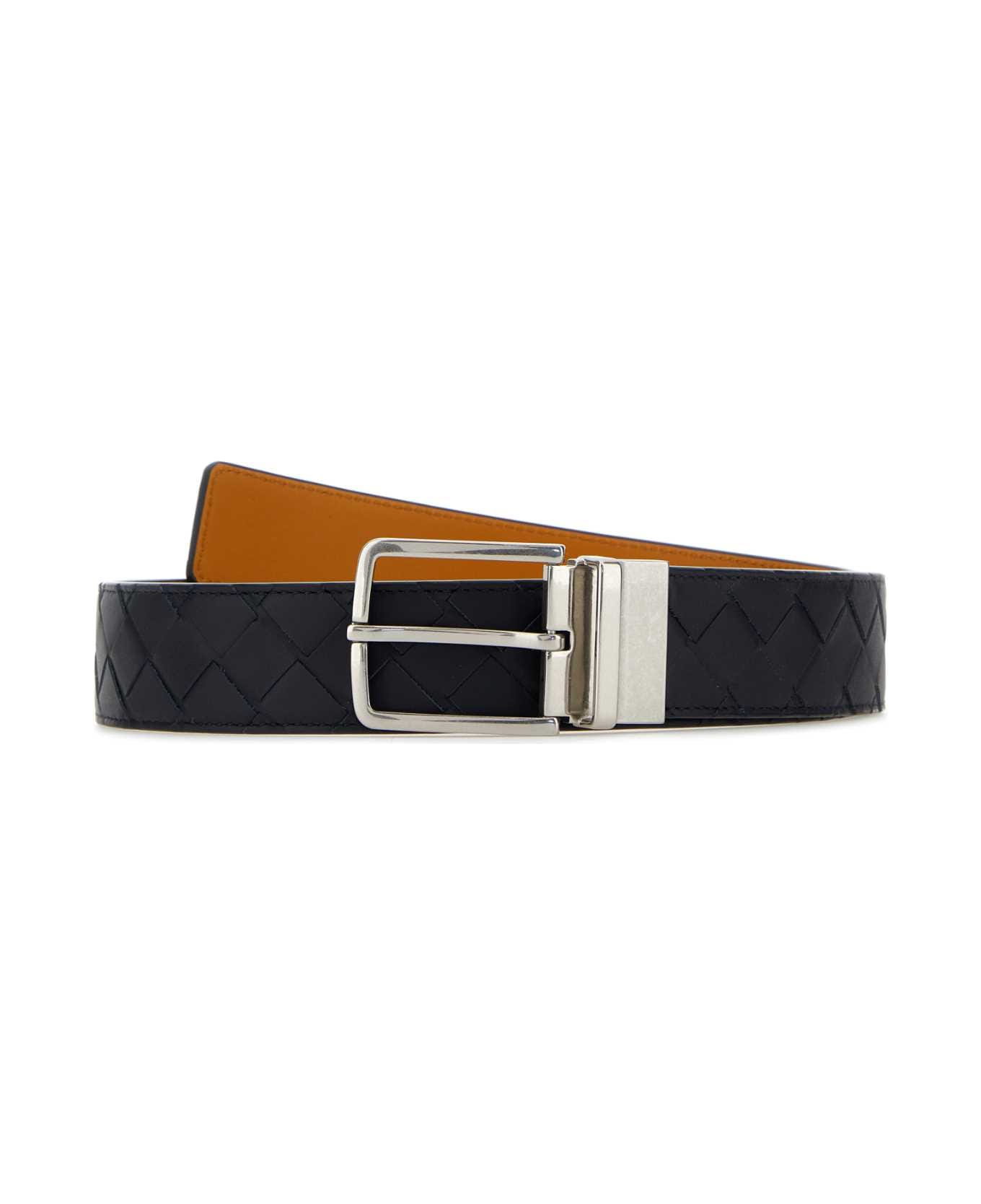 Bottega Veneta Black Leather Belt - SILVER