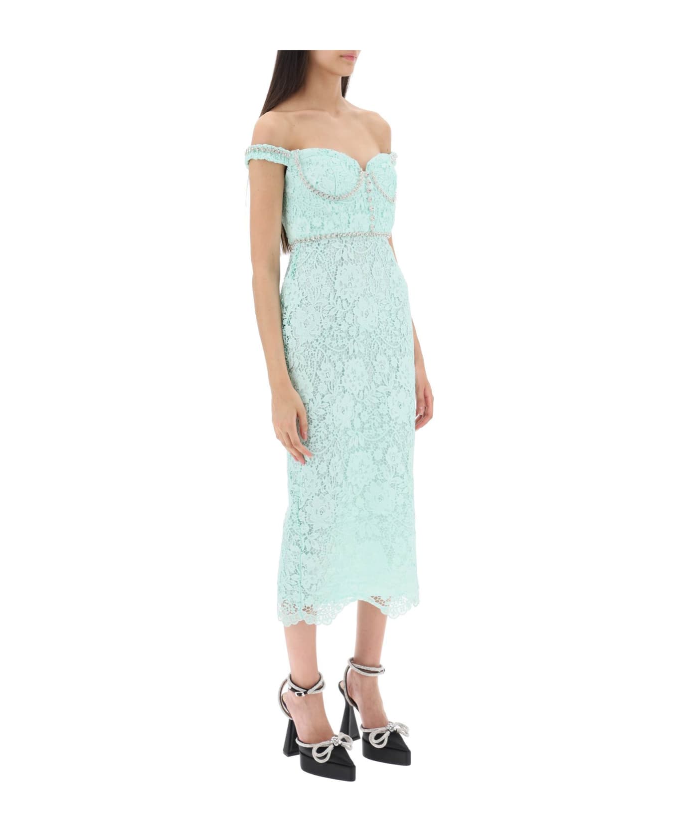 self-portrait Midi Dress In Floral Lace With Crystals - Green