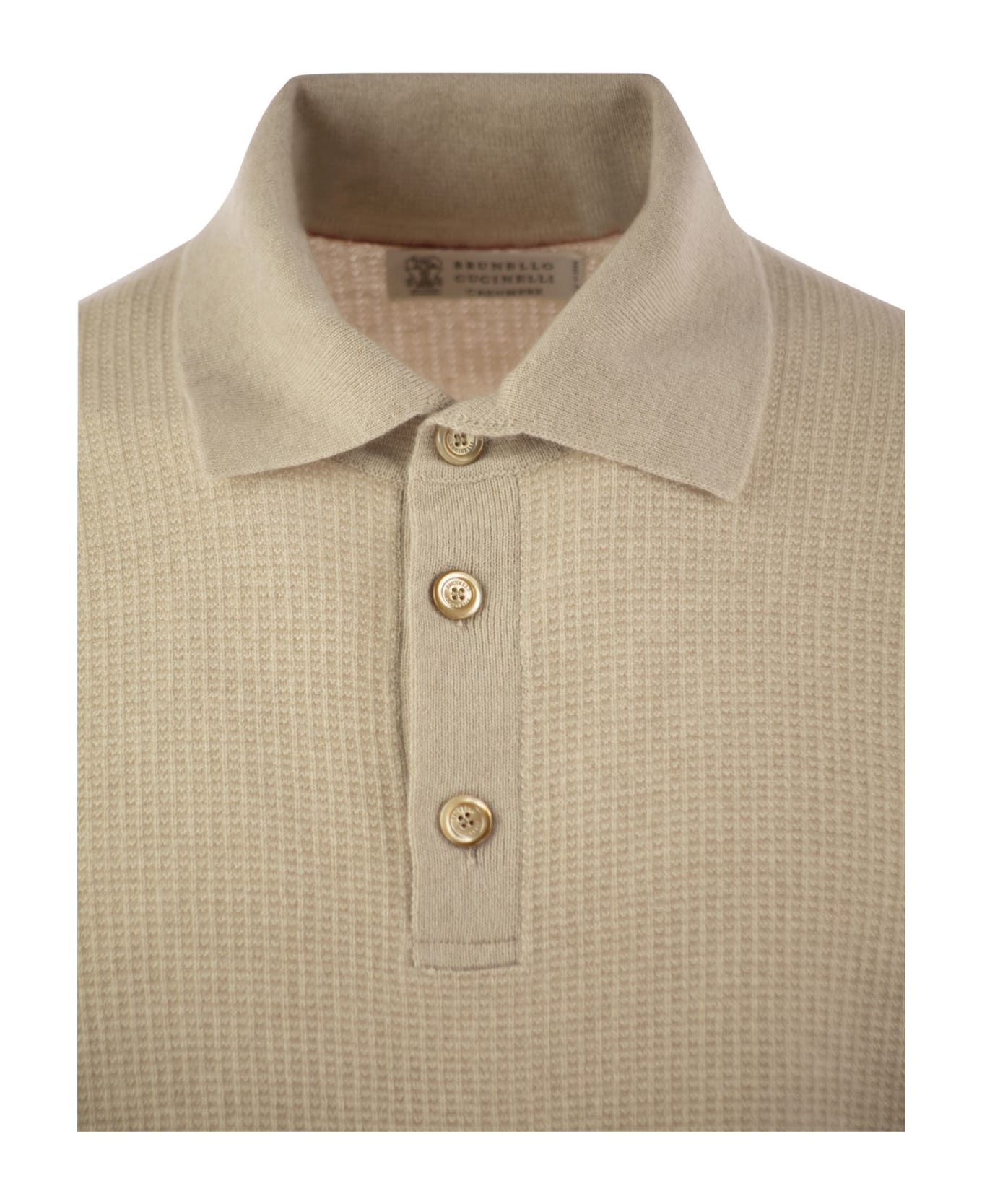 Brunello Cucinelli Waffle Stitch Cashmere Knit Polo Shirt With Long Sleeve - Sand