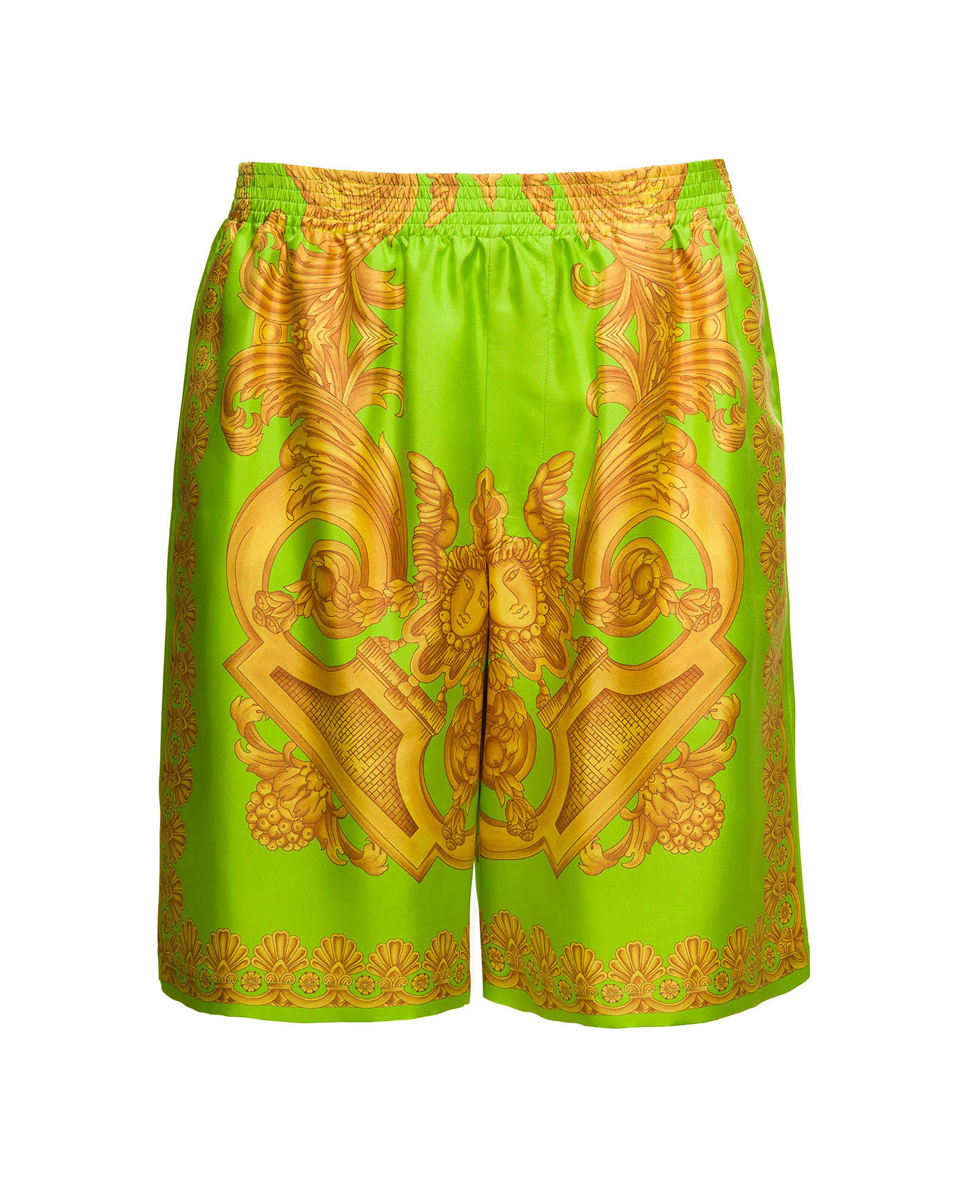 Versace Green And Gold Shorts With All-over Barrocco Print In Silk Man - Green