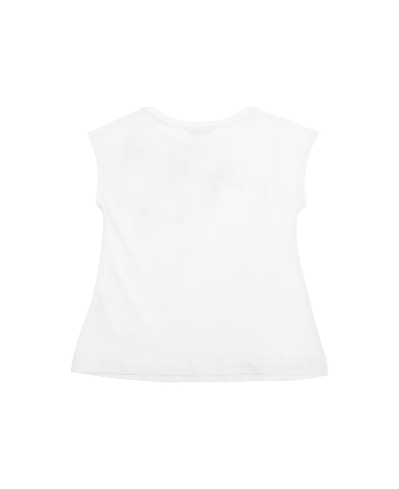 Monnalisa White T-shirt With Round Neck And Floral Print On The Front In Cotton Stretch Girl - White