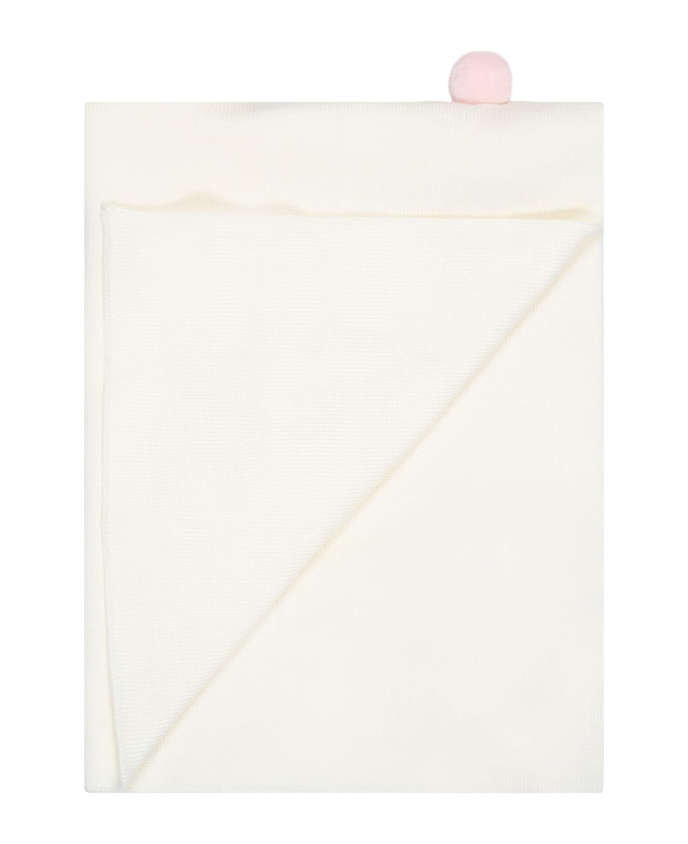 Little Bear White Blanket For Baby Girl With Pom Poms - White アクセサリー＆ギフト