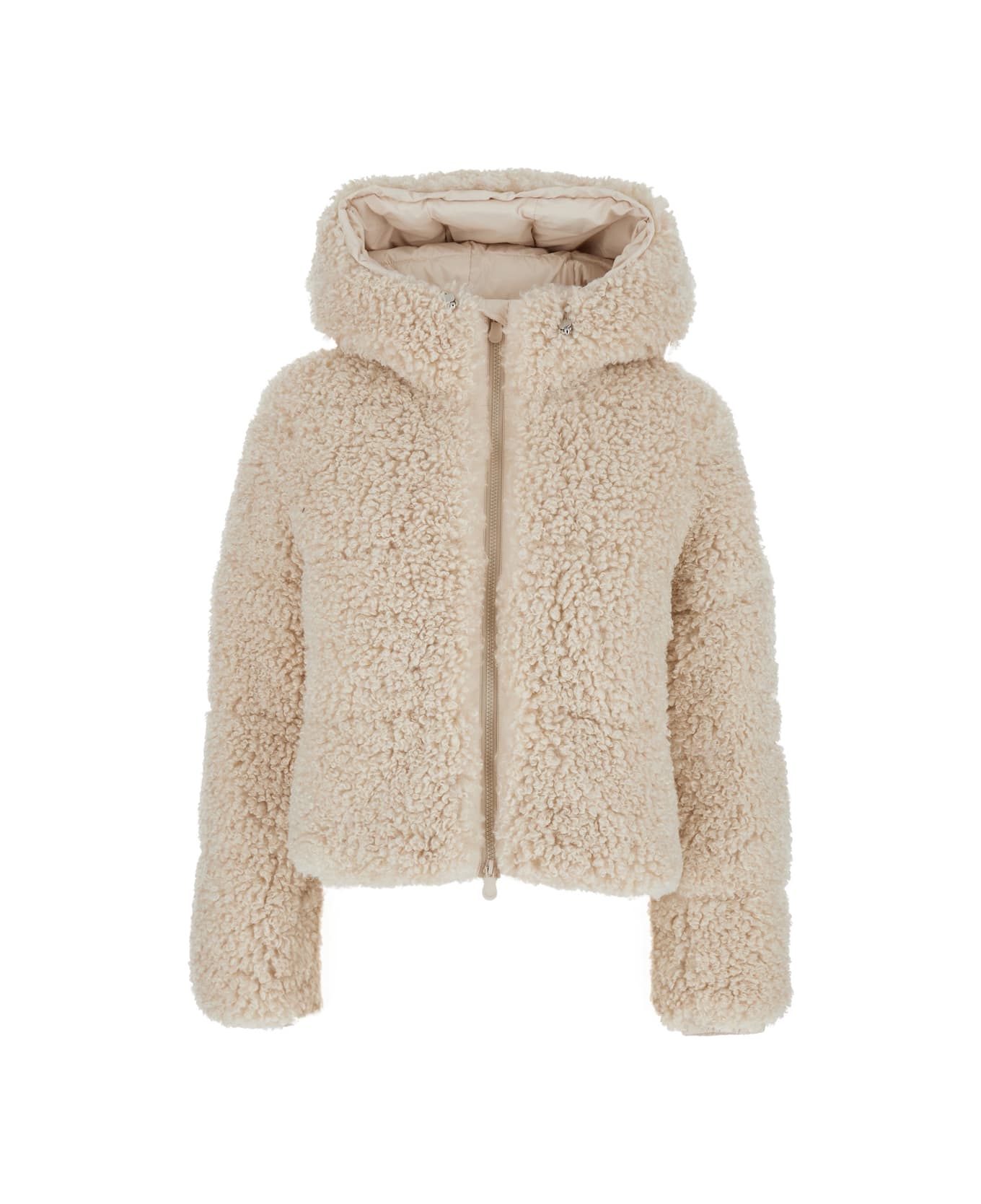 Save the Duck 
dada
 Beige Jacket With Hood And Logo Patch On The Sleeve In Ecofur Woman - Beige