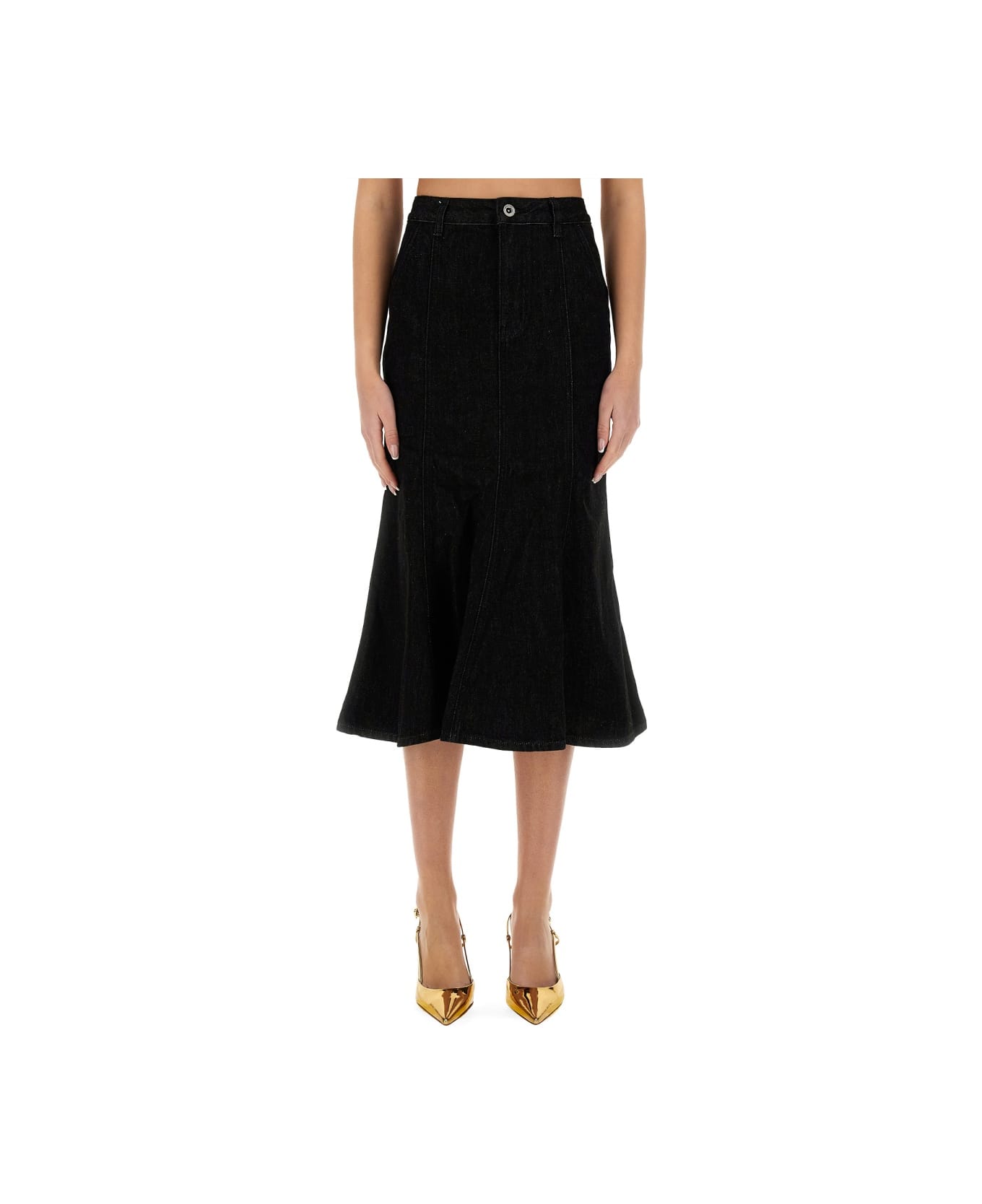 self-portrait Denim Flared Midi Skirt - BLACK