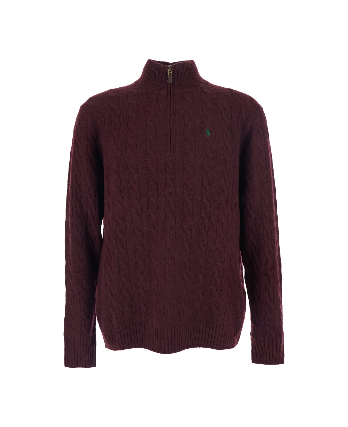 Polo Ralph Lauren Bordeaux Cable Knit Sweater With Half Zip Closure And Pony Embroidery On The Front In Wool And Cashmere Man - Bordeaux
