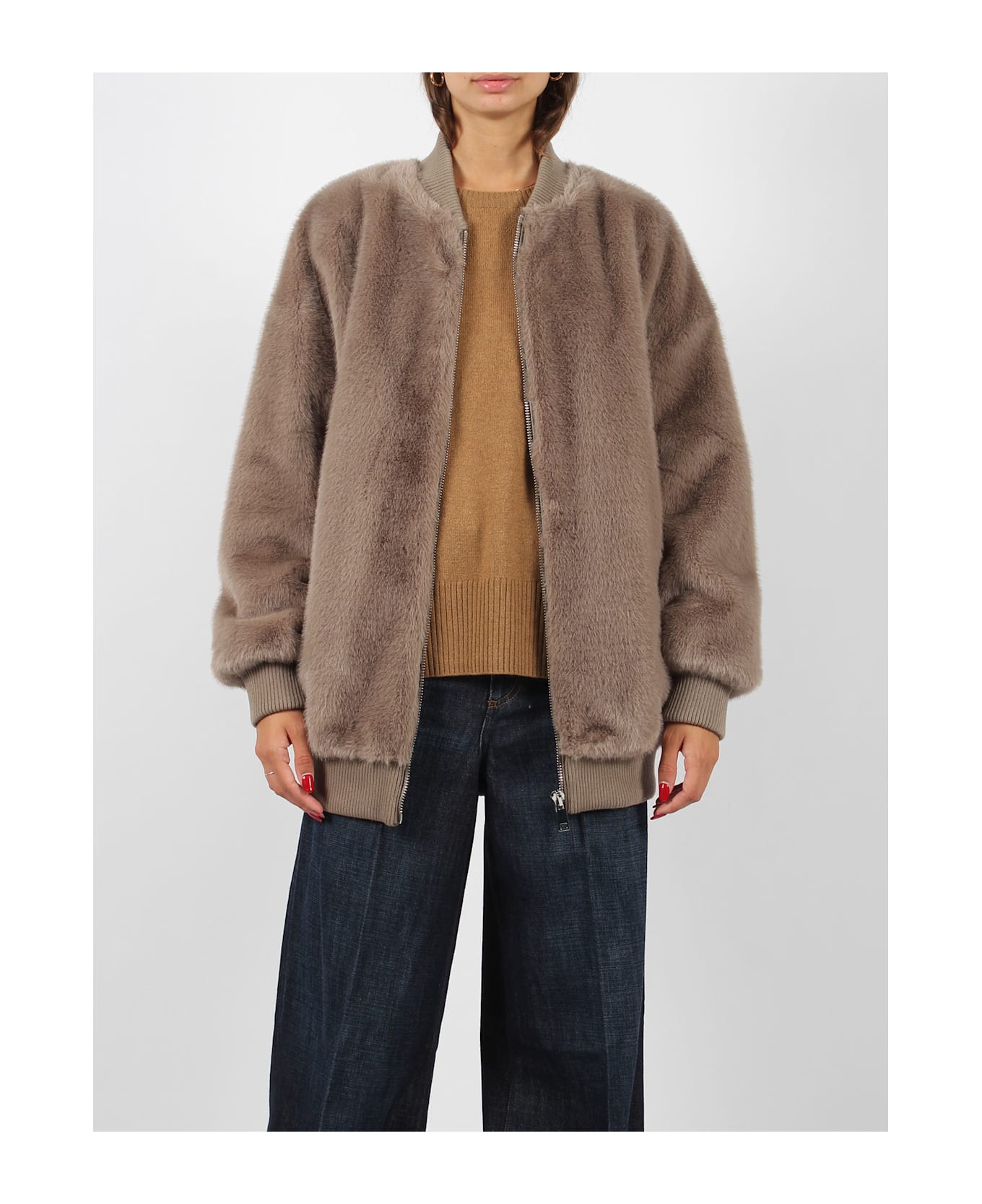 Parosh Pathos Faux Fur Bomber Jacket - Light Brown