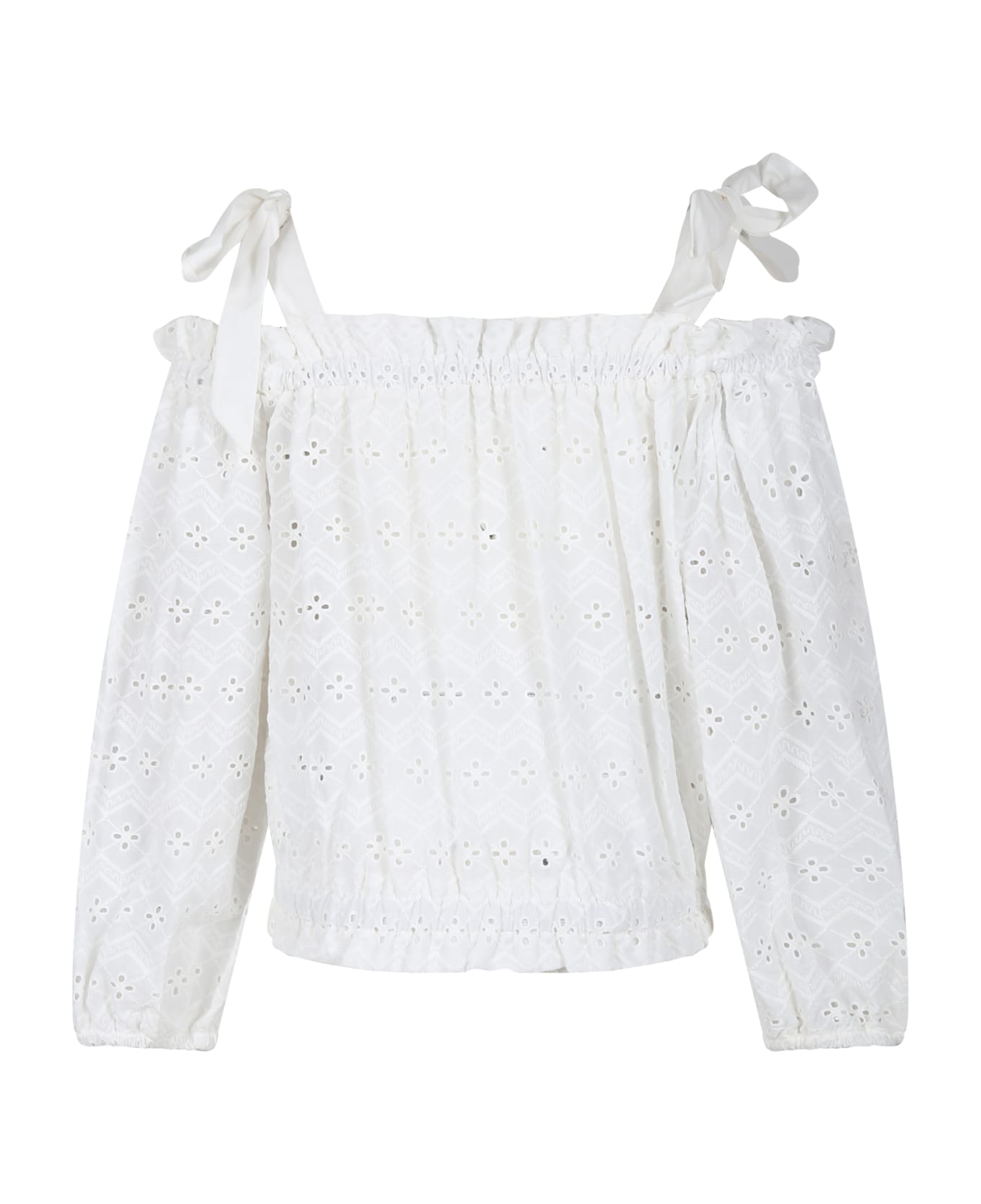 MSGM White Top For Girl With Broderie Anglaise - White