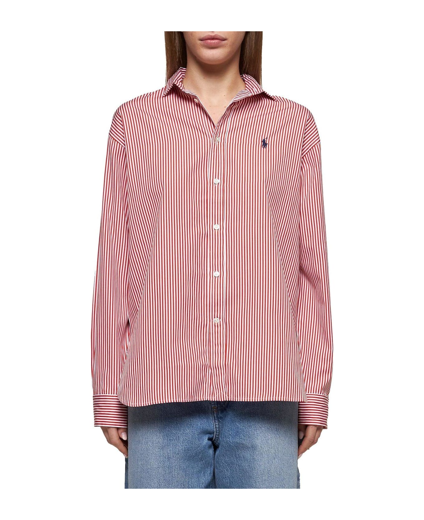Ralph Lauren Relaxed Fit Pinstriped Shirt - RED/WHITE