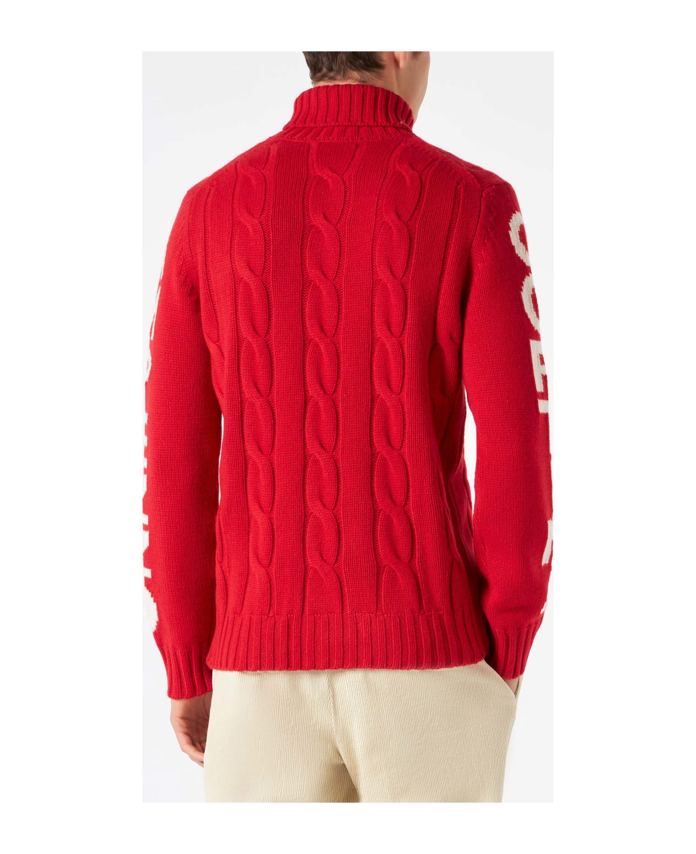 MC2 Saint Barth Man Turtleneck Braided Sweater With Cortina Ampezzo Print - RED