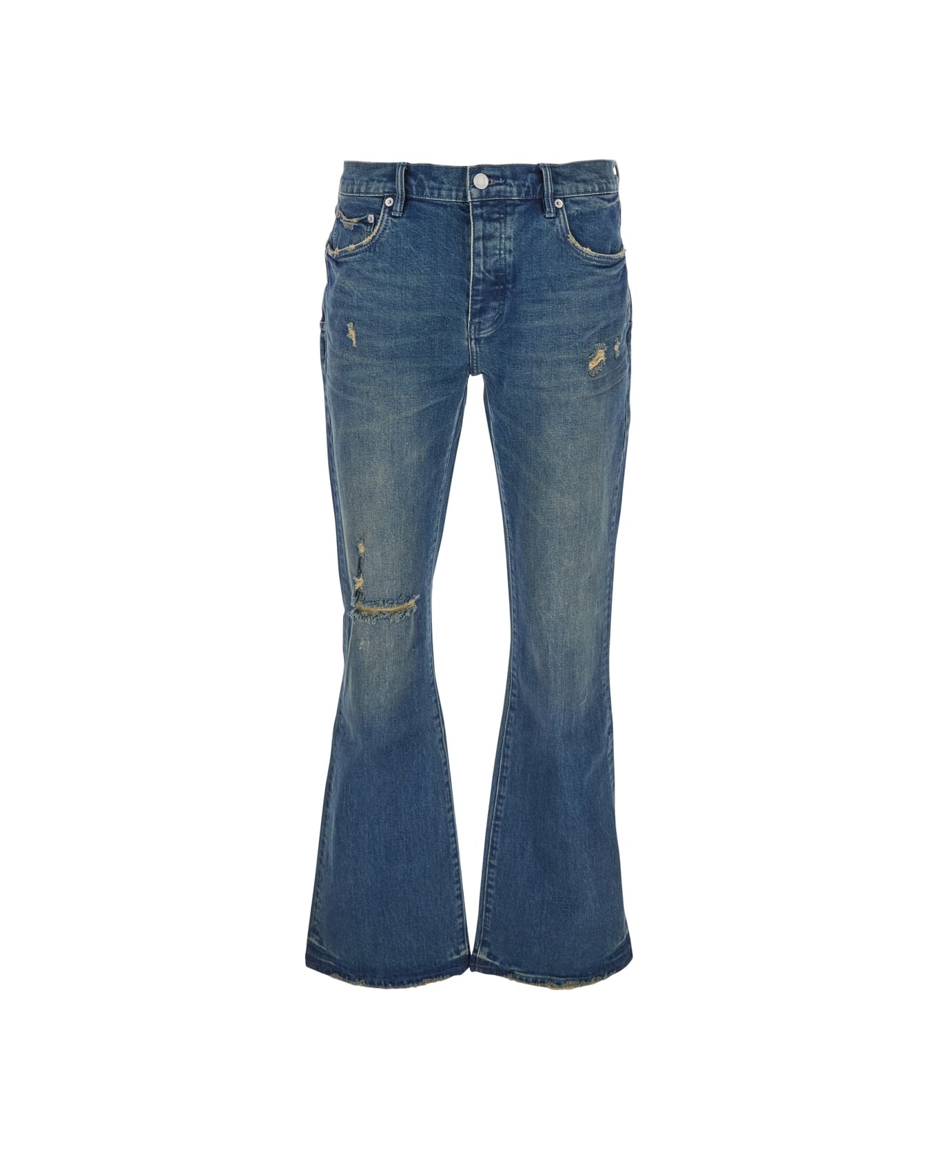 Purple Brand Blue Flared Jeans With Ripped Details On The Front And Logo Patch On The Rear In Denim Man - Blu