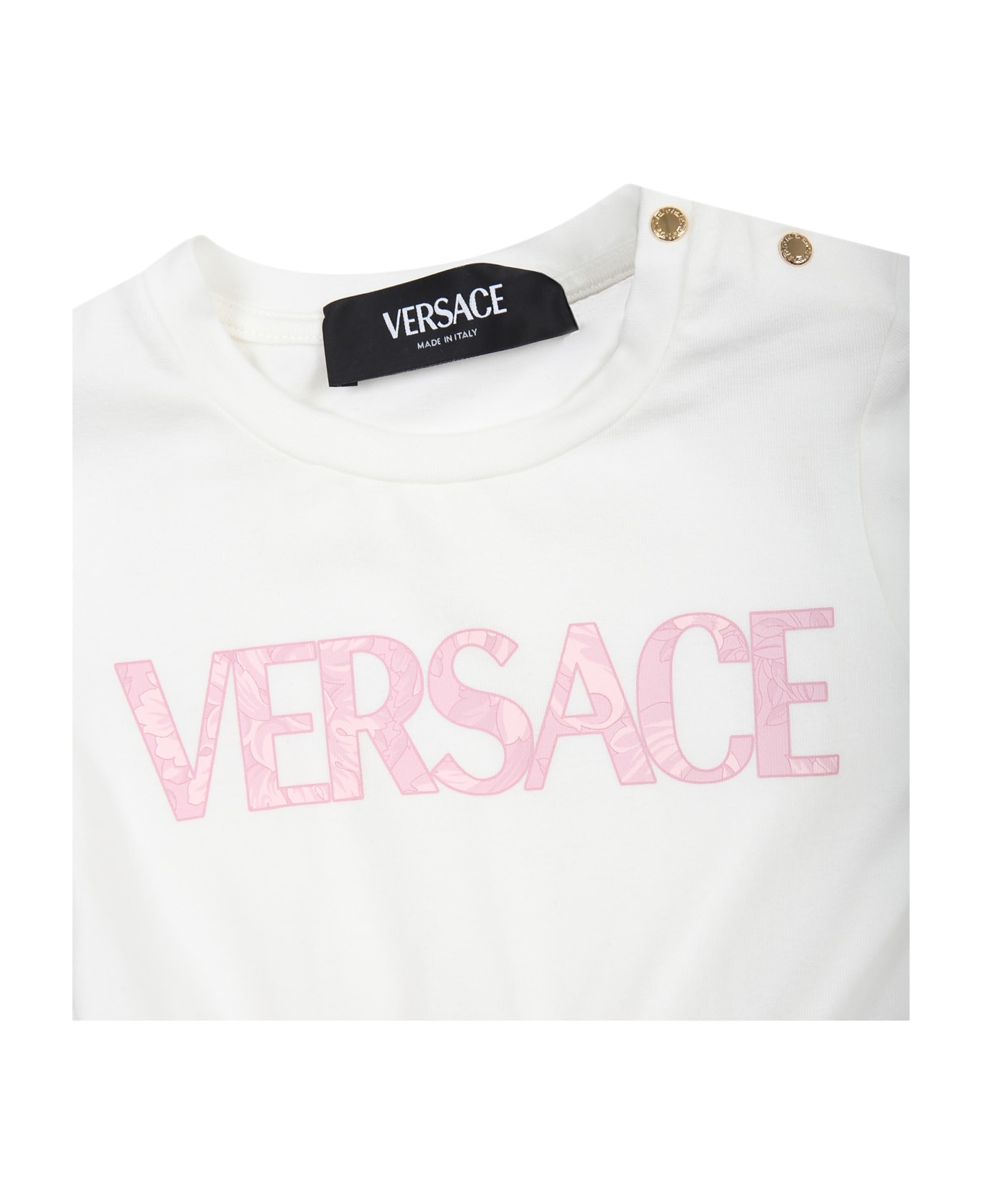 Versace Pink Dress For Baby Girl With Baroque Print And Logo - Pink