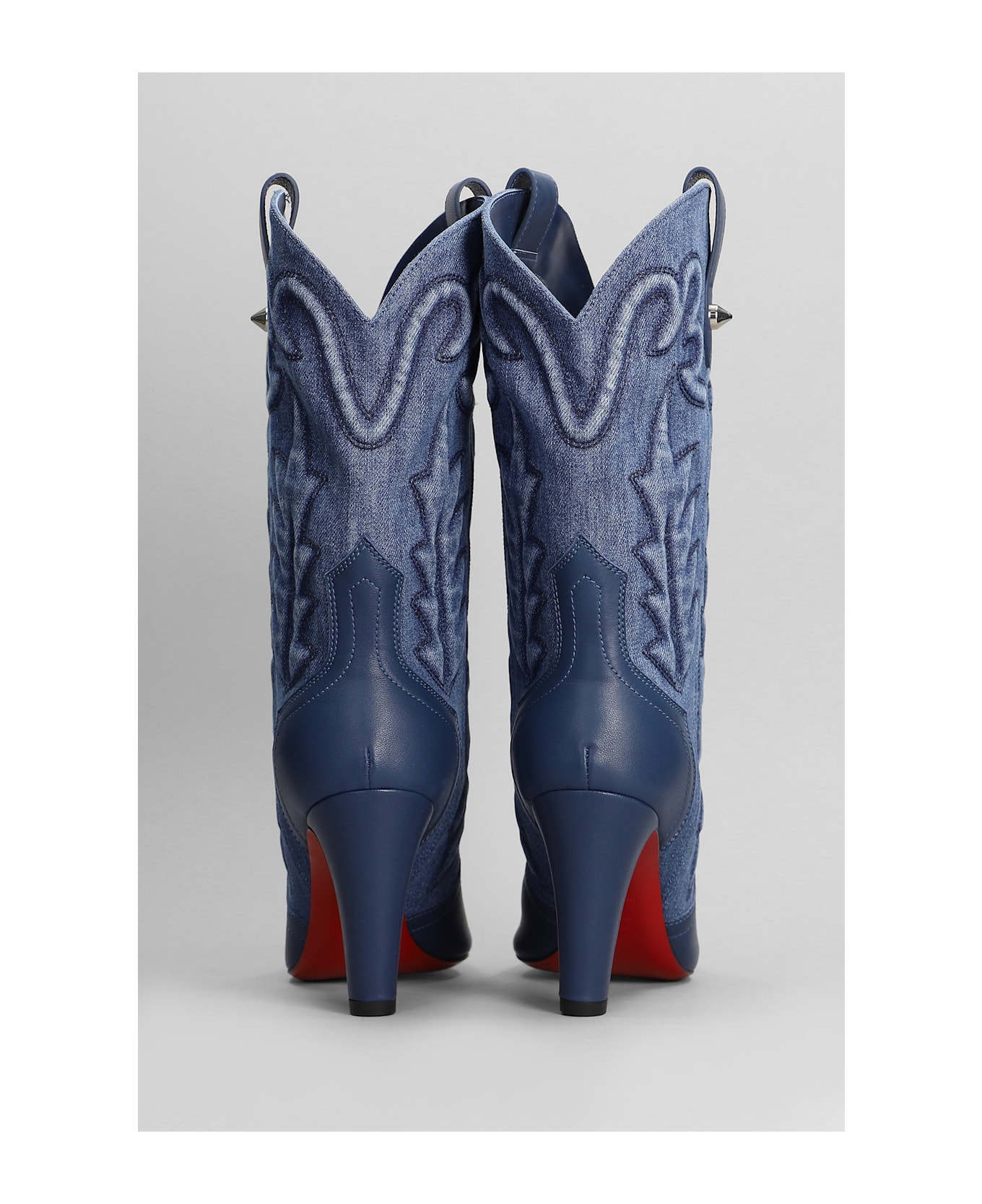 Christian Louboutin Santiabooty 85 Texan Ankle Boots In Blue Leather And Fabric - blue