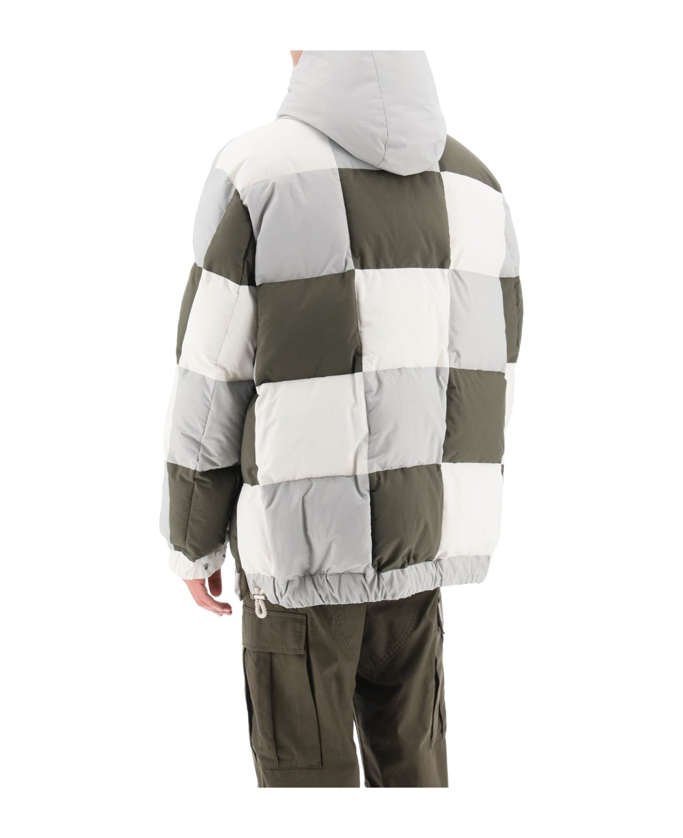 Sacai Hooded Puffer Jacket With Checkerboard Pattern - GRAY MULTI (White)