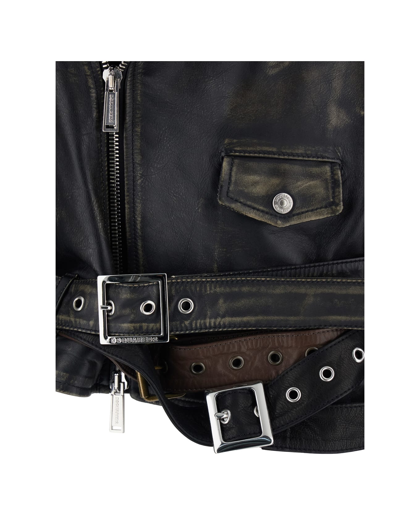 Dsquared2 
d2 X Magliano
 Black Biker Jacket With Wide Classic Lapels And Logoed Belt At The Waist In Leather Man - Black