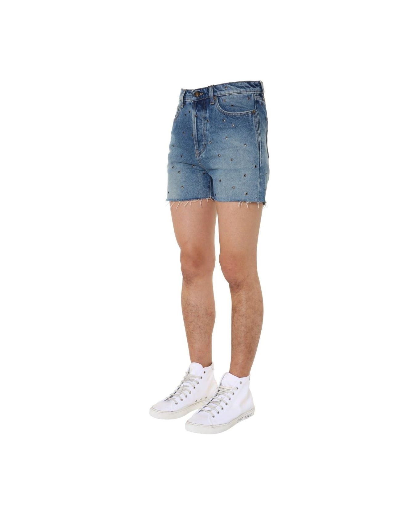 Saint Laurent Studded Denim Shorts - AZURE
