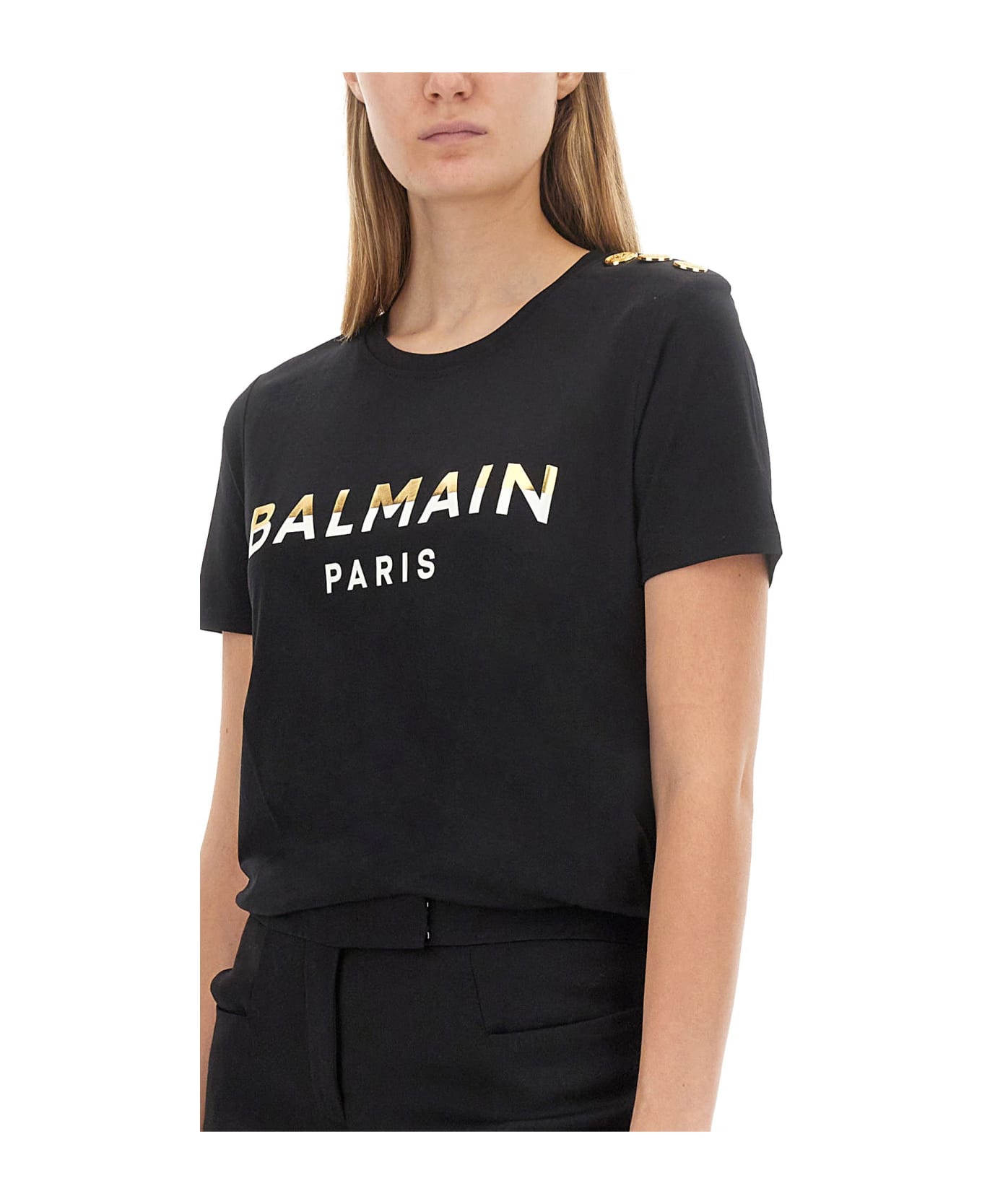 Balmain Logo Printed Crewneck T-shirt - BLACK/GOLD/CREAM Tシャツ