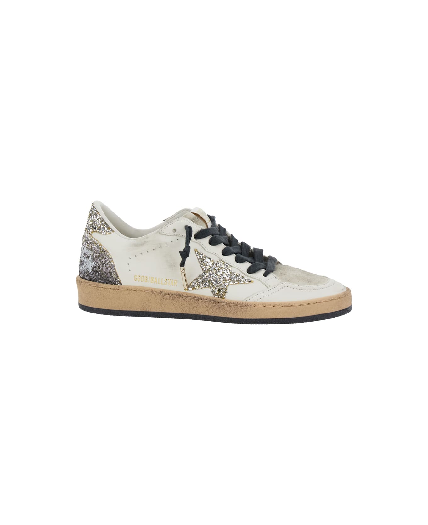 Golden Goose 'ballstar' White Low Top Sneakers With Glittered Star Patch On The Side And Glittered Heel With Logo Lettering In Leather Woman - White