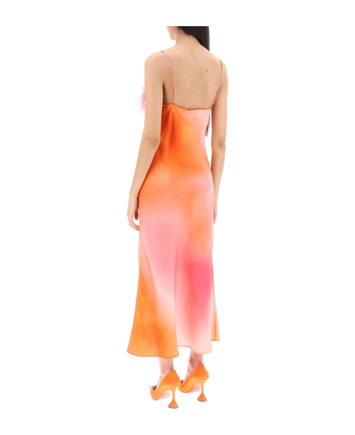 Art Dealer 'ella' Maxi Slip Dress In Jacquard Satin With Feathers - PINK ORANGE PRINT (Orange)