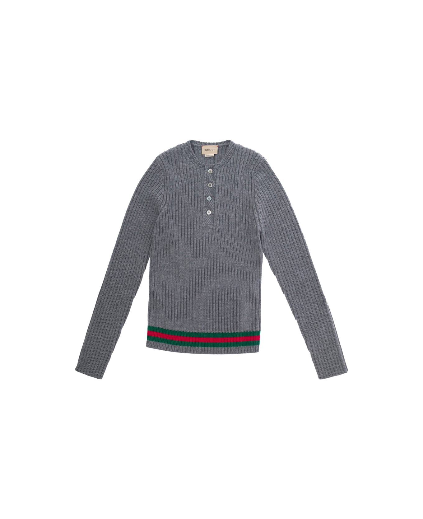 Gucci Grey Sweater With Web Detail In Ribbed Wool Boy - Grey