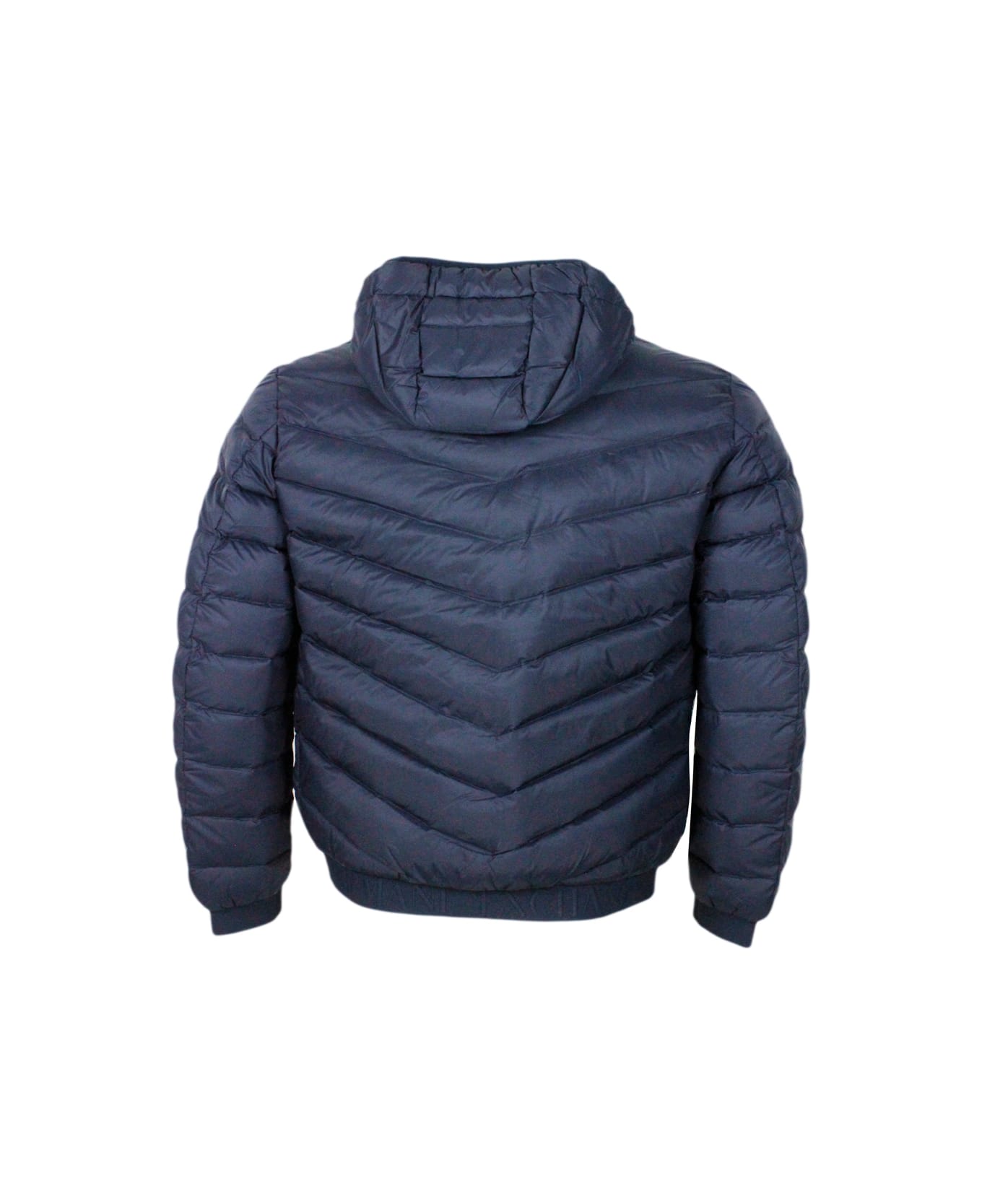 Armani Collezioni Light Down Jacket In Real Goose Down With Integrated Hood And Logoed Elastic At The Bottom - Blu