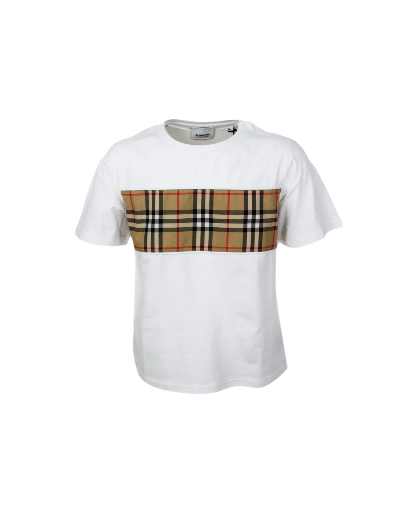Burberry Crew Neck T-shirt In Cotton Jersey With Classic Check Pattern On The Front - White