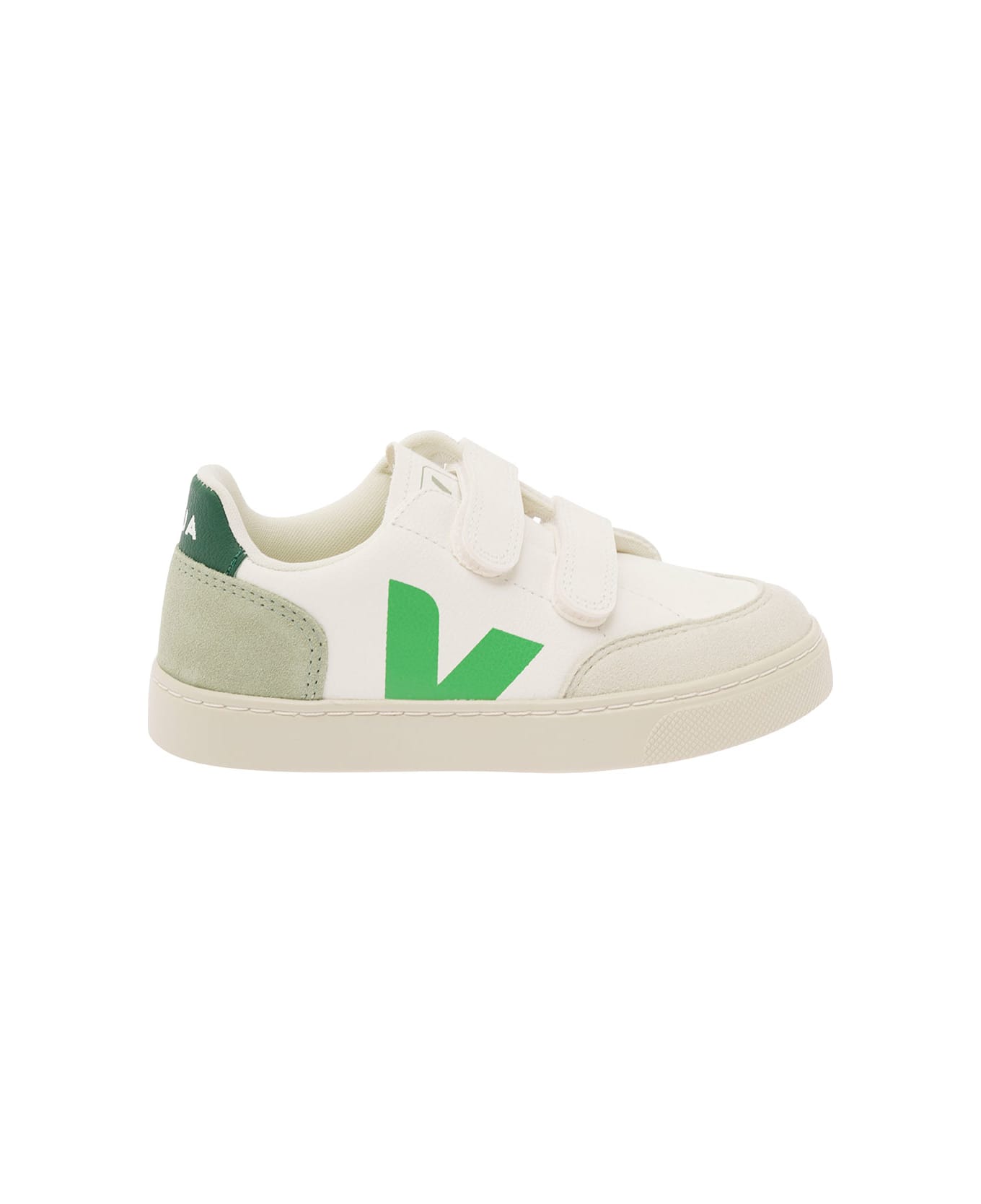 Veja White And Green Low Top Sneakers With Logo Patch In Leather And Suede Boy - Multicolor