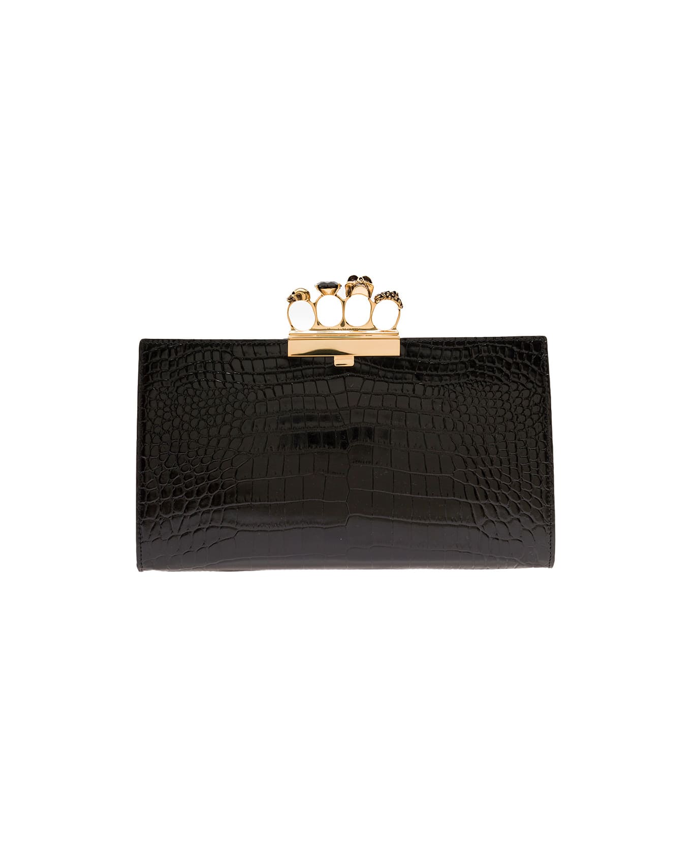 Alexander McQueen Black Crocodile Printed Leather Pouch With Fuor Ring Detail Alexander Mcqueen Woman - Black