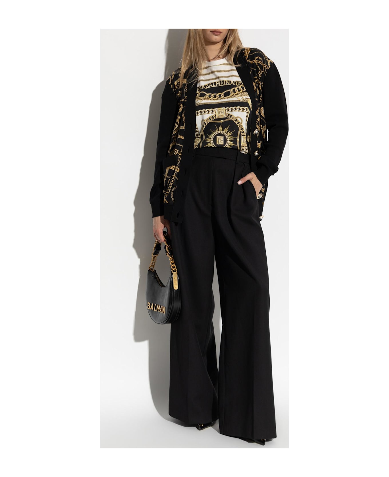 Balmain Cardigan With Combined Fabrics - Ead Noir Or