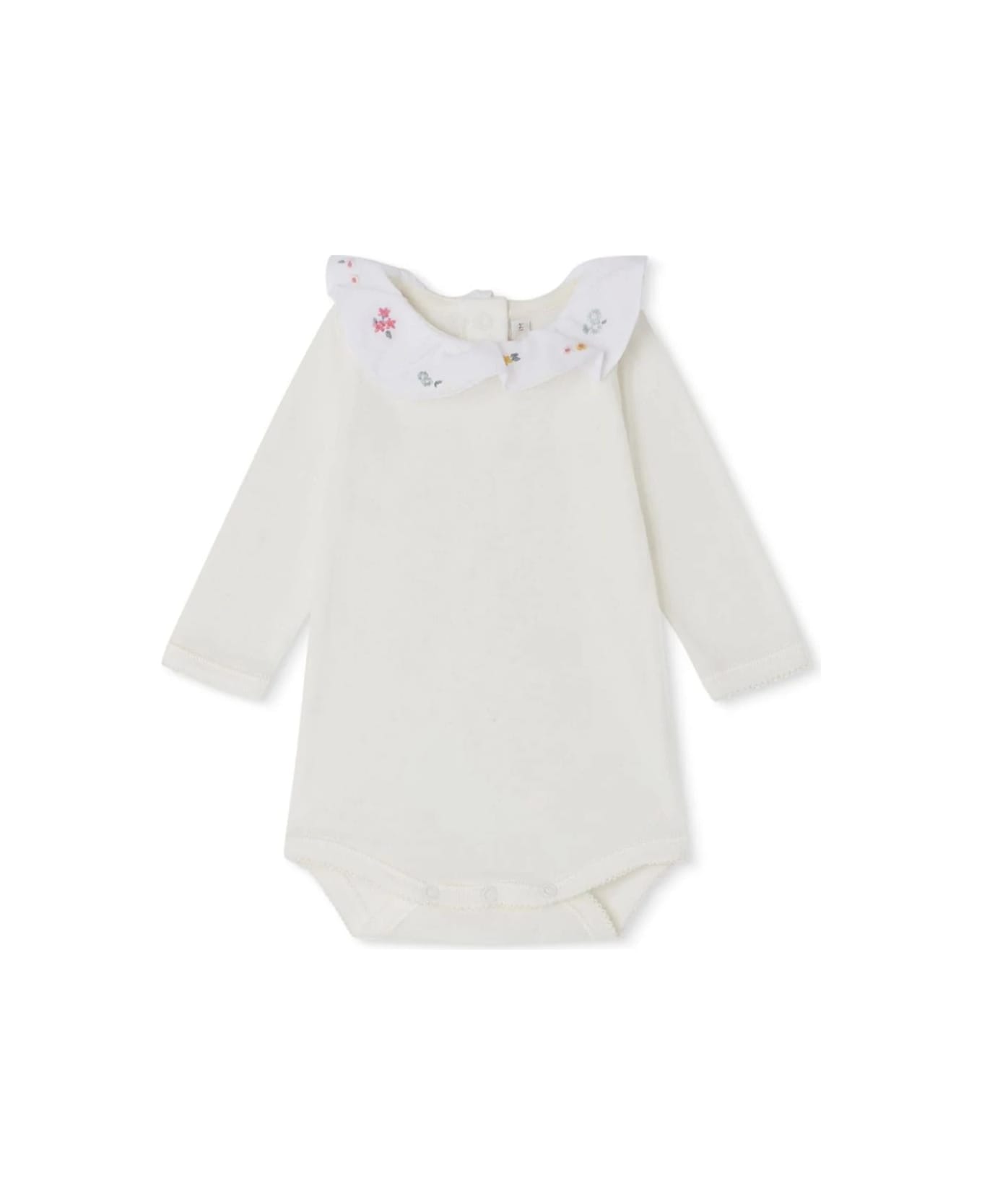 Bonpoint White June Bodysuit With Multicoloured Floral Embroidery - White