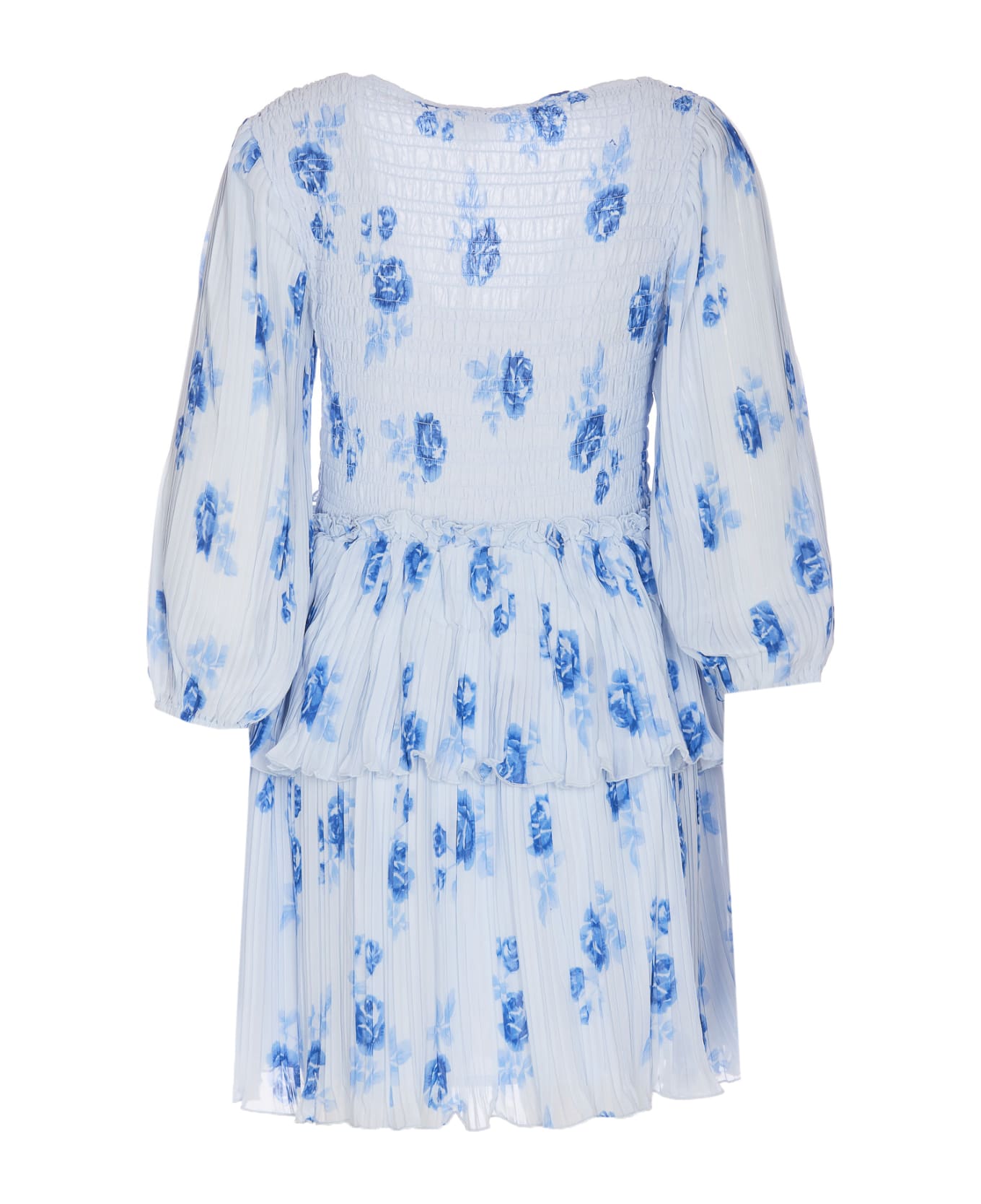 Ganni Pleated Georgette Flounce Smock Mini Dress - Blue