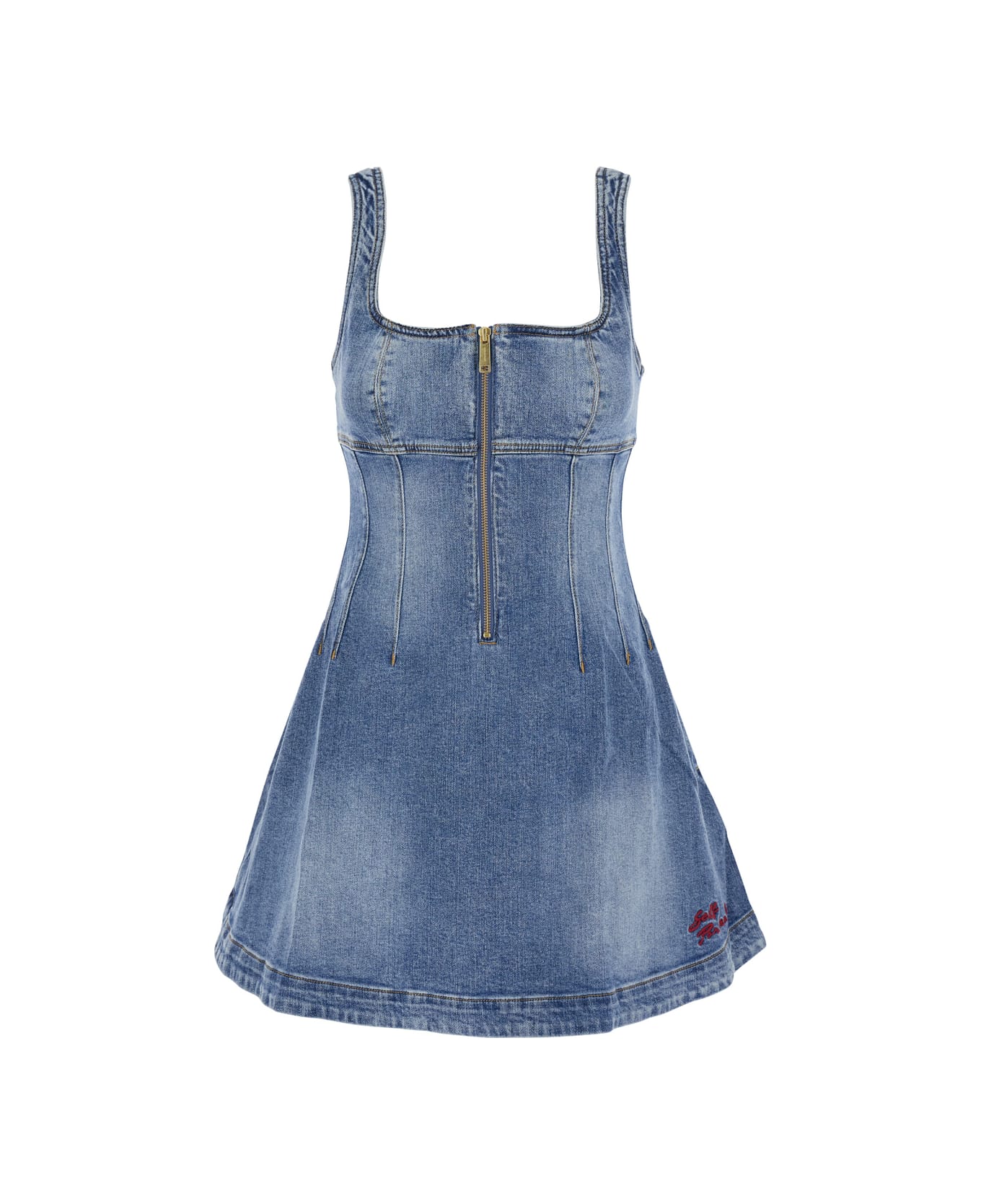 self-portrait Blue Dress With Zip Closure On The Front And Embroidered Logo In Denim Woman - Blu