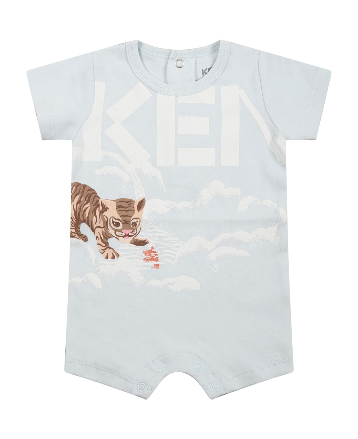 Kenzo Kids Light Blue Romper For Baby Boy With Animals And Logo - Light Blue