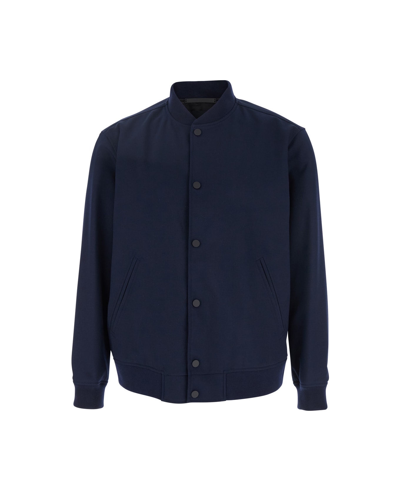 Theory Blue Bomber Jacket With Snap Button Closure In Wool Blend Man - Blu