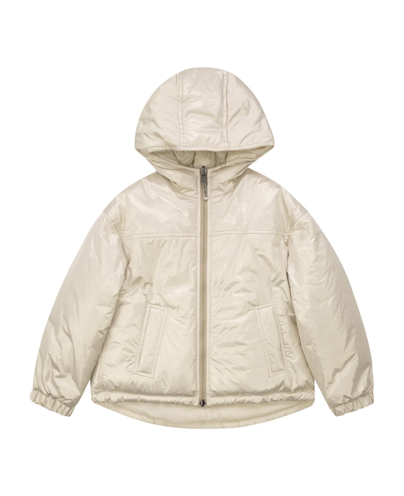 Brunello Cucinelli Reversible Down Jacket In Sparkling Canvas With Hood And Necklace - Pearl