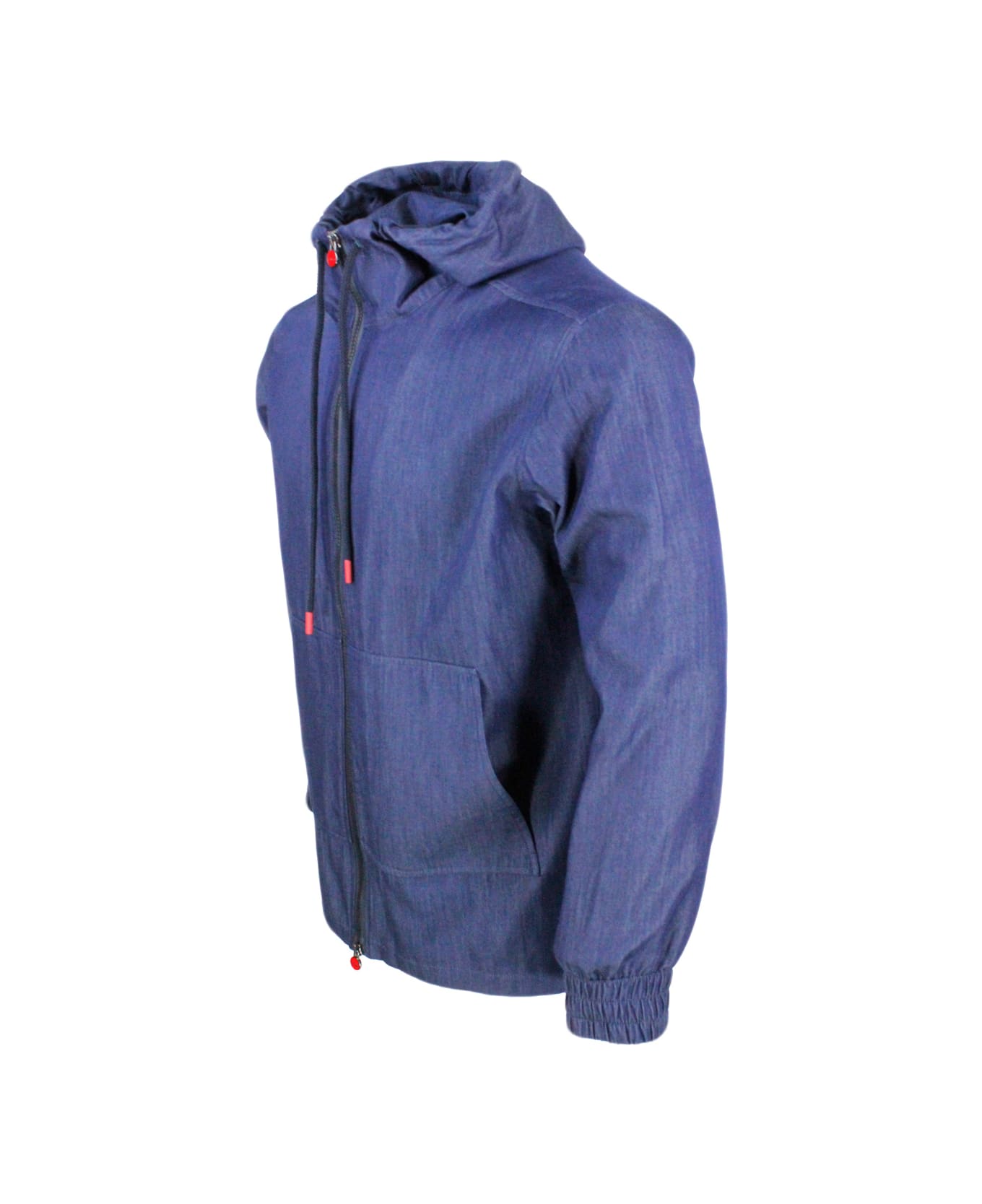 Kiton Super Light Sweatshirt Jacket With Hood In Very Soft Denim-effect Cotton Fabric With Zip Closure With Logo On The Zip Puller - Blu denim