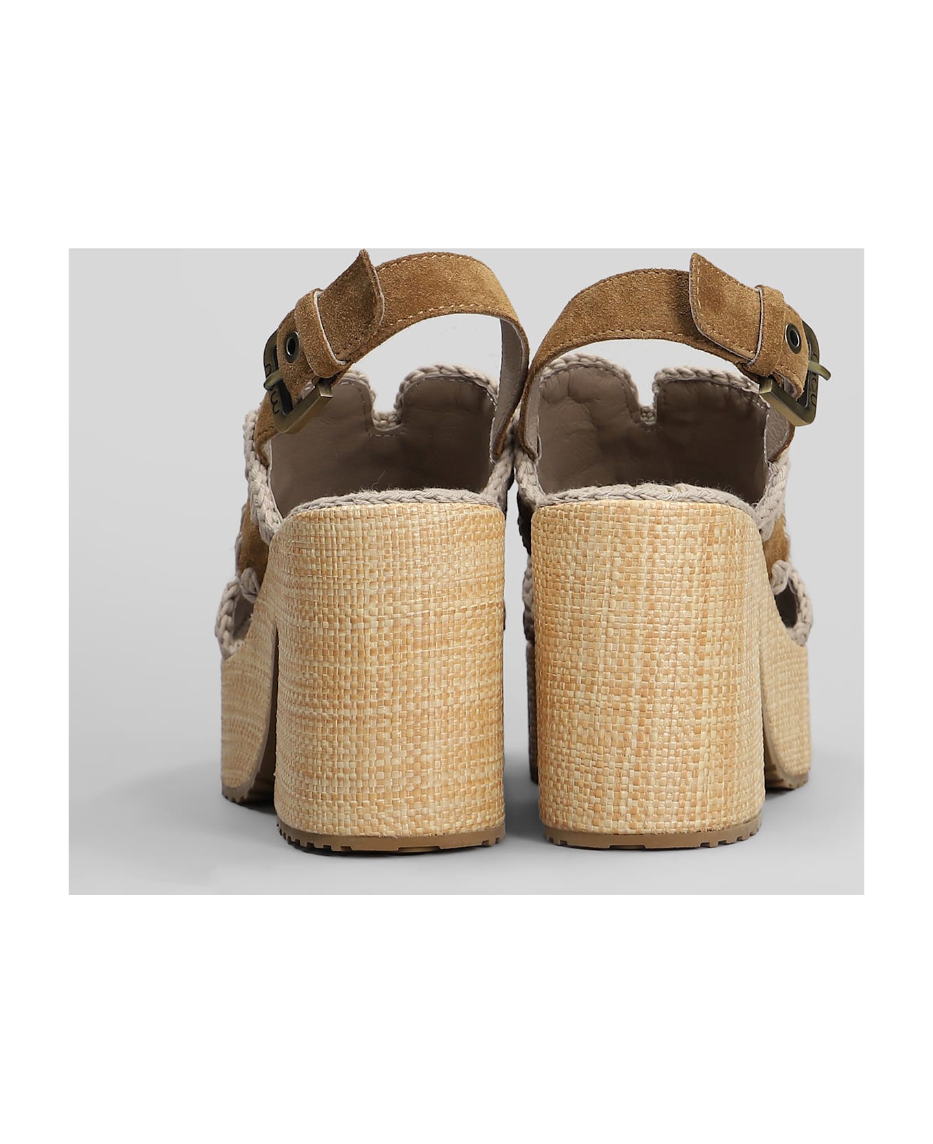 Mou Raffia Platform Sandals In Leather Color Suede - Cognac