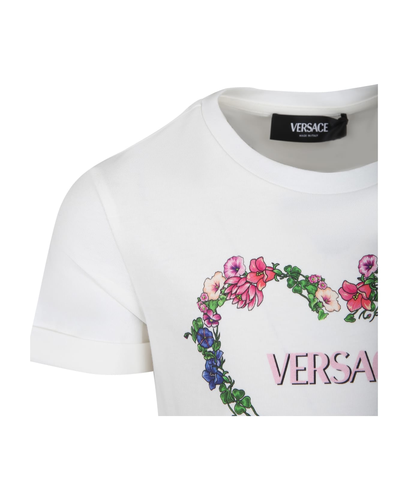 Versace White Dress For Girl With Multicolor Print - Bianco e Rosa ワンピース＆ドレス