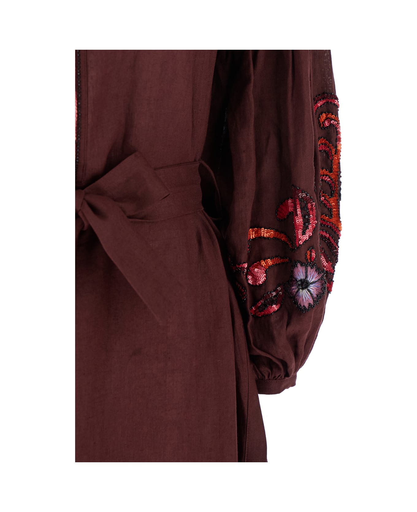 Anjuna 
nicoletta
 Brown Long Dress With Long Puffed Sleeves And Belt In Linen Woman - Brown