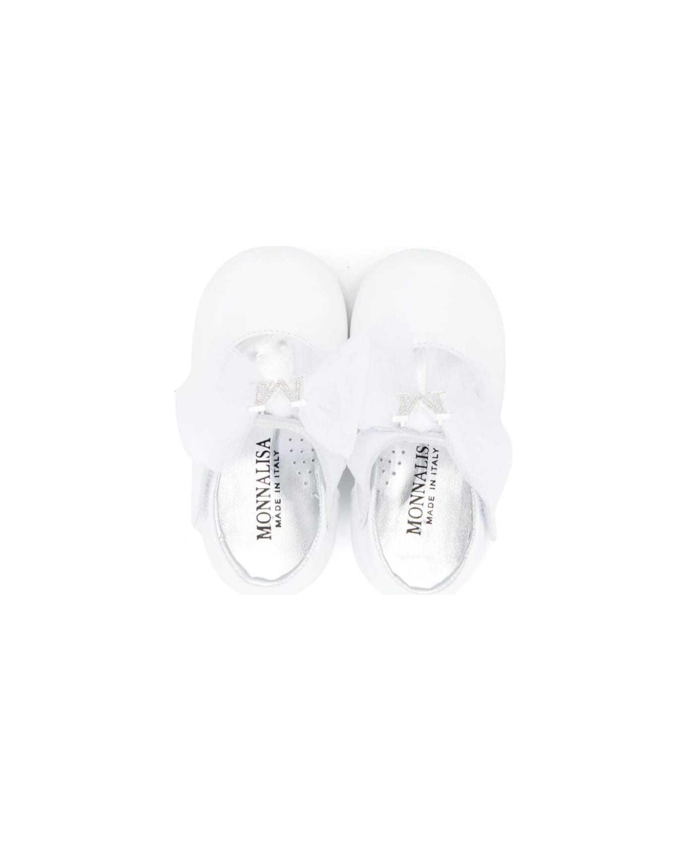 Monnalisa White Ballet Shoes With Bow And Rhinestoned Logo Plaque In Leather Girl - White
