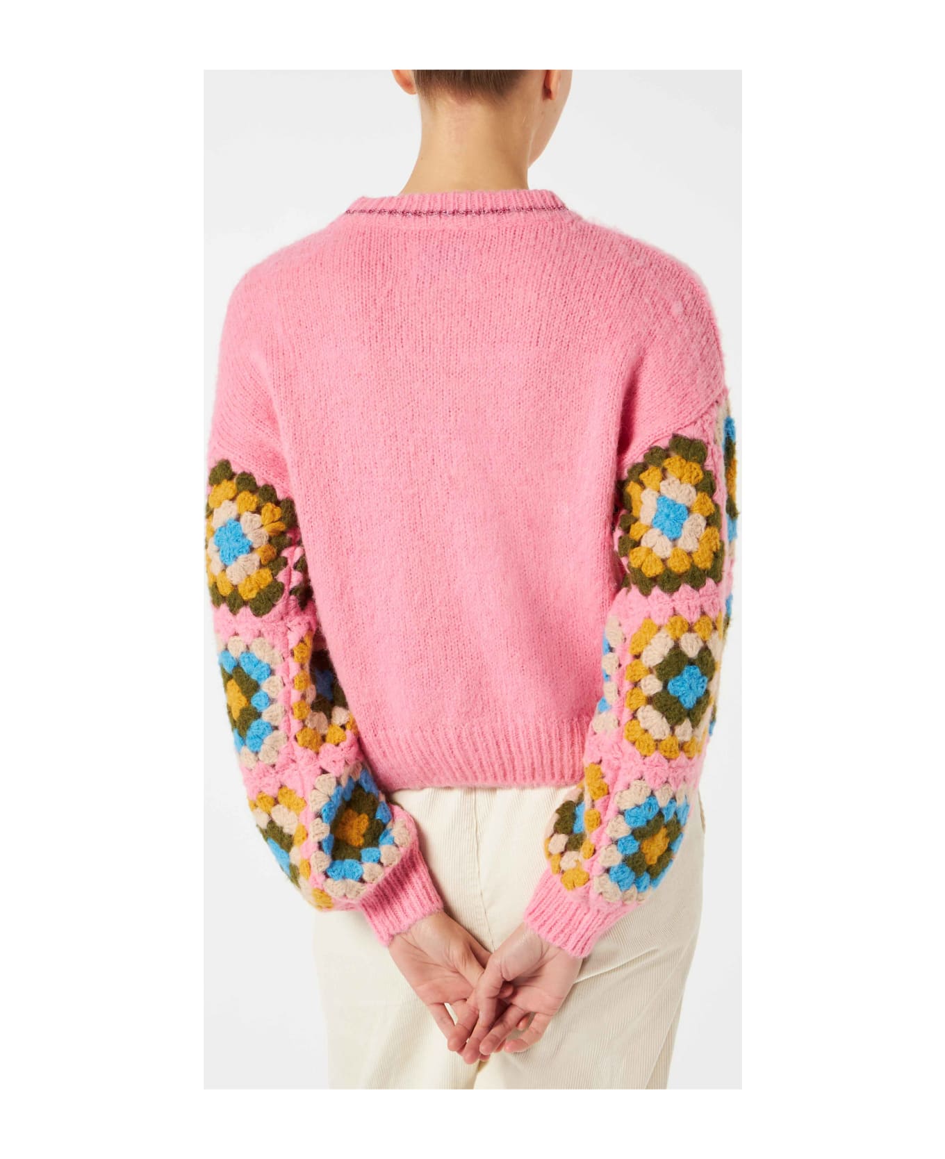 MC2 Saint Barth Woman Ultra Soft Crewneck Sweater With Handmade Crochet Sleeves - PINK ニットウェア