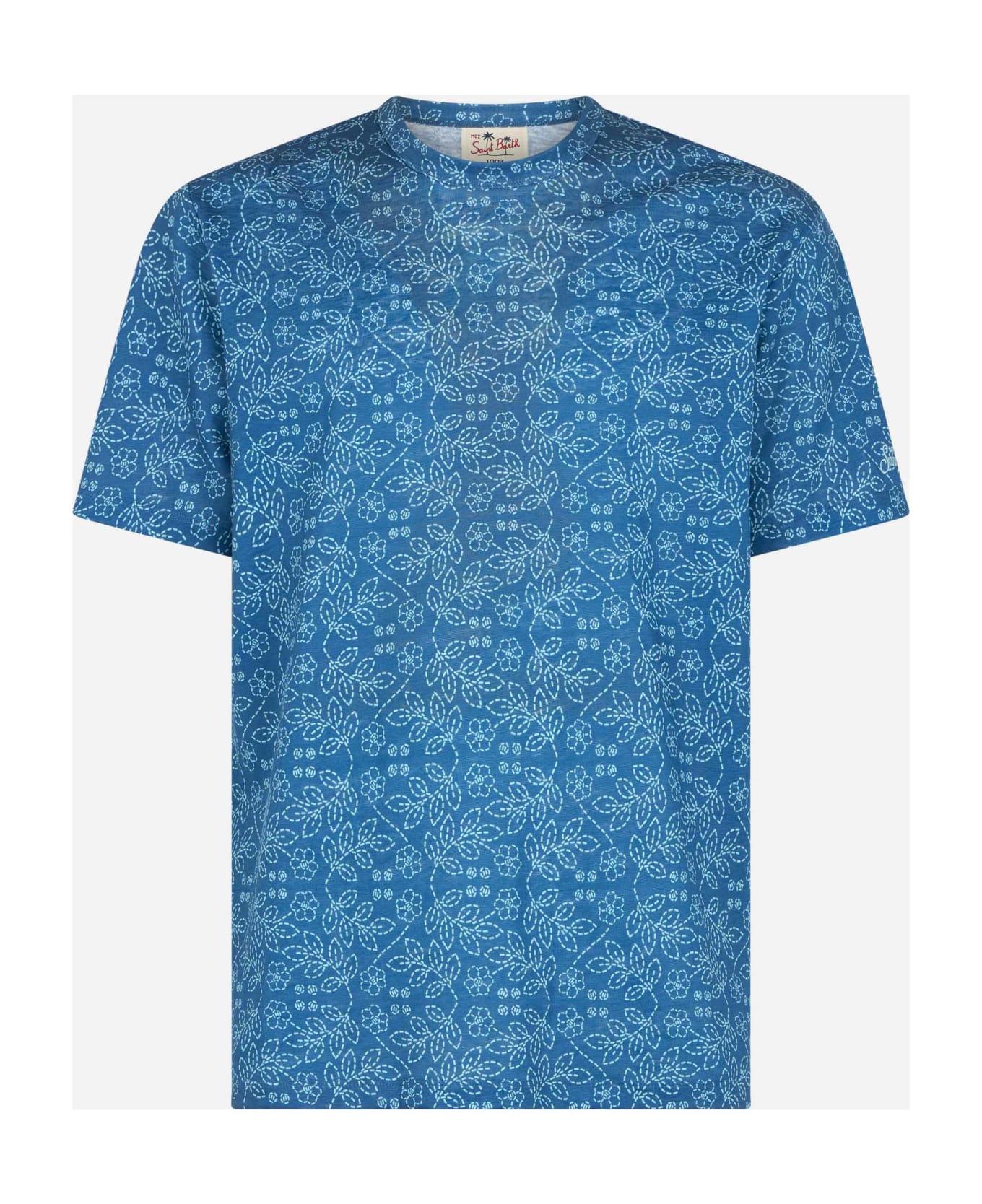 MC2 Saint Barth Man Blue Linen Jersey T-shirt Ecstasea With Sashiko Print - BLUE