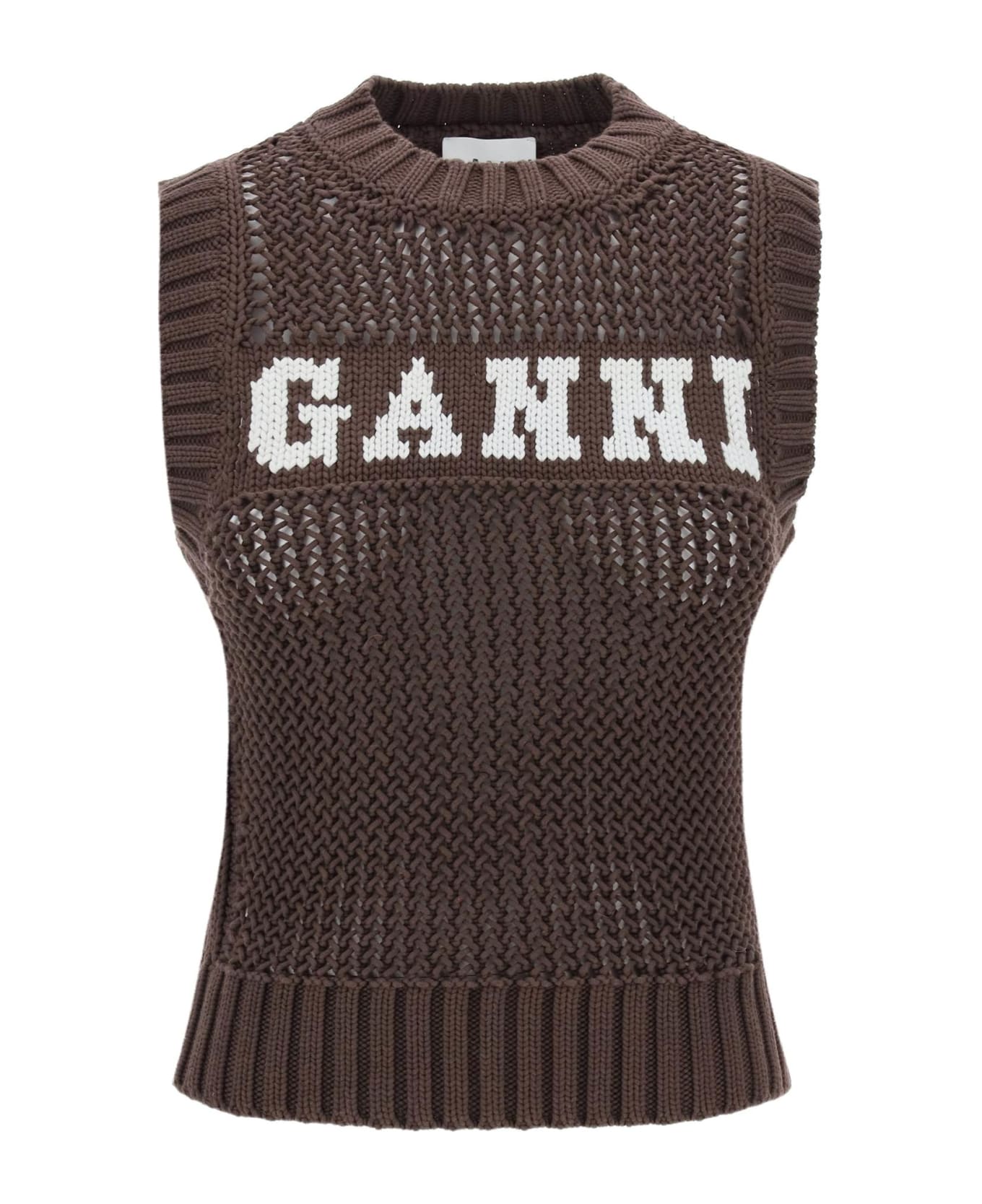 Ganni Open-stitch Knitted Vest With Logo - HOT FUDGE (Brown) ベスト