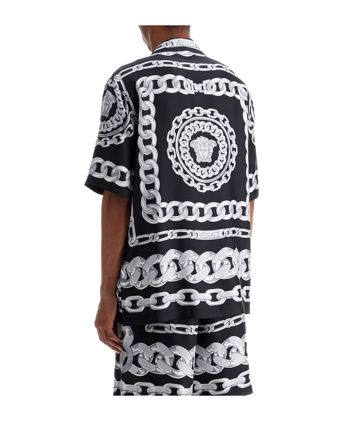 Versace 'printed Silk Medusa Chains Bowling Shirt - Black+silver シャツ