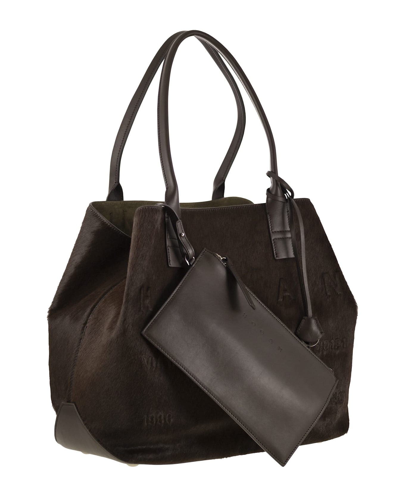 Hogan Medium Script Shopping Bag In Pony-effect Leather - Dark Brown