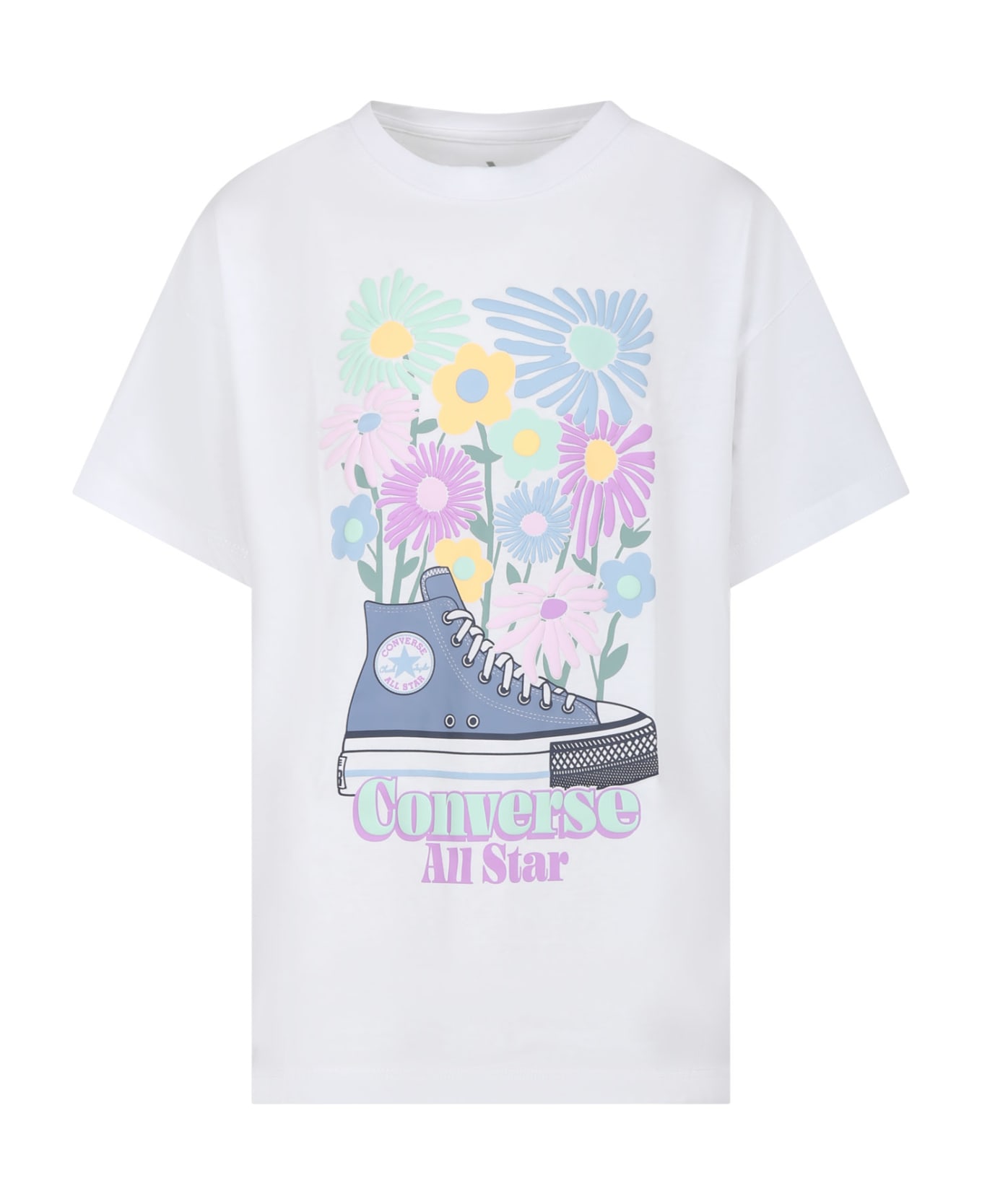 Converse White T-shirt For Girl With Flowers And Shoes Print - White