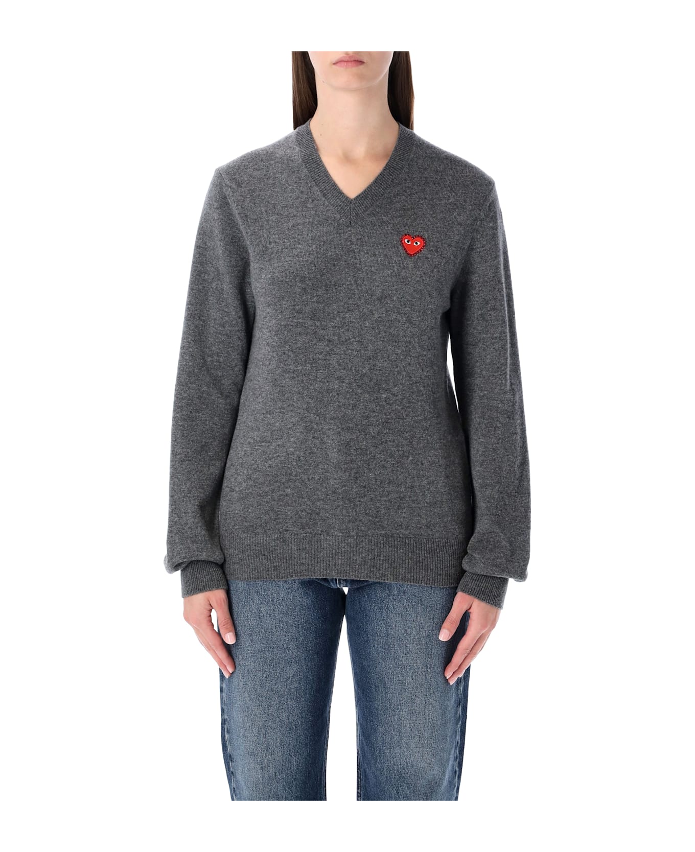 Comme des Garçons Play Wool V-neck Sweater With Red Heart And Crystals - GREY