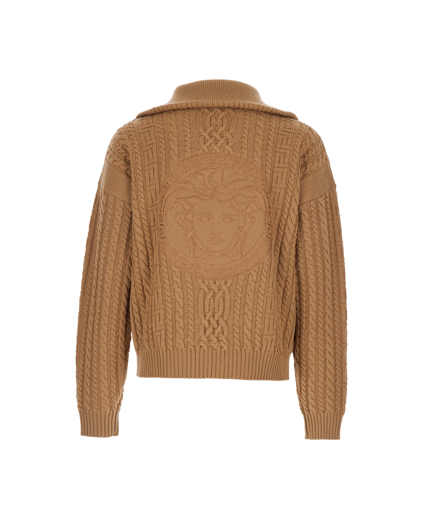 Versace Beige Turtleneck Sweater With Zip Closure And Medusa Head Embroidered On The Back In Virgin Wool Man - Beige