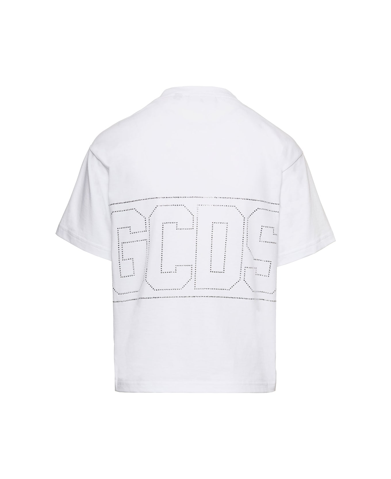GCDS White Crewneck T-shirt With Rhinestone Logo On The Front And On The Back In Cotton Woman - White