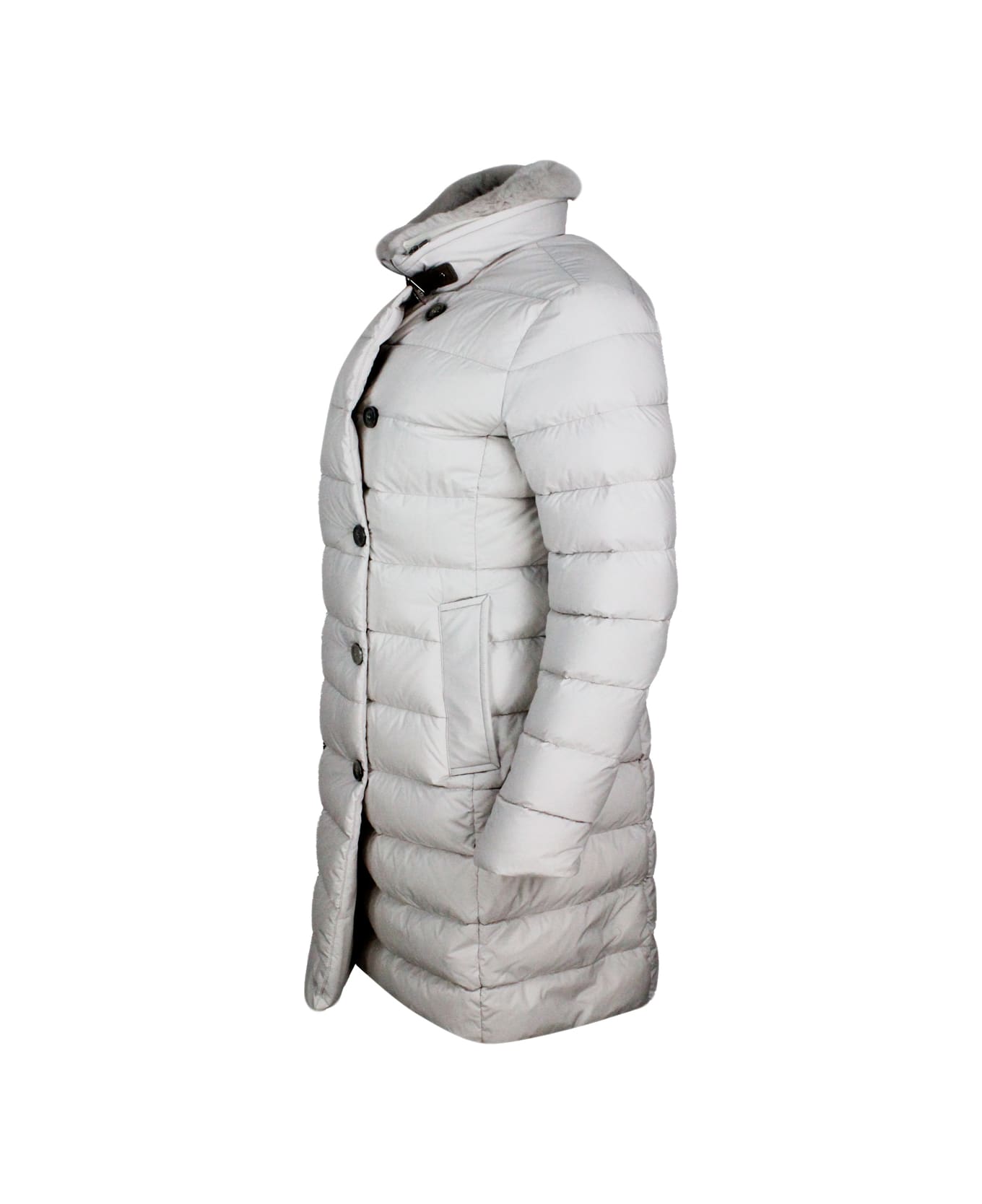 Moorer Long Double-breasted Down Jacket With A Feminine Line Padded With Real Goose Down With Detachable Fur Collar - Ivory