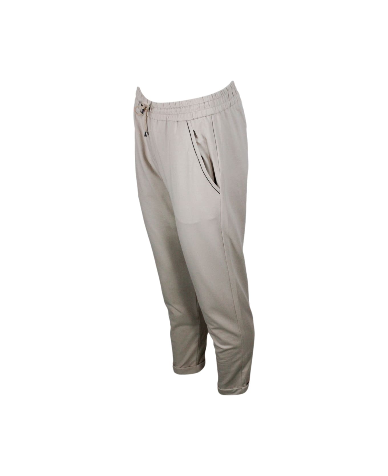 Brunello Cucinelli Jogging Trousers With Drawstring Waist In Stretch Cotton With Welt Pockets Embellished With Jewels - Beige